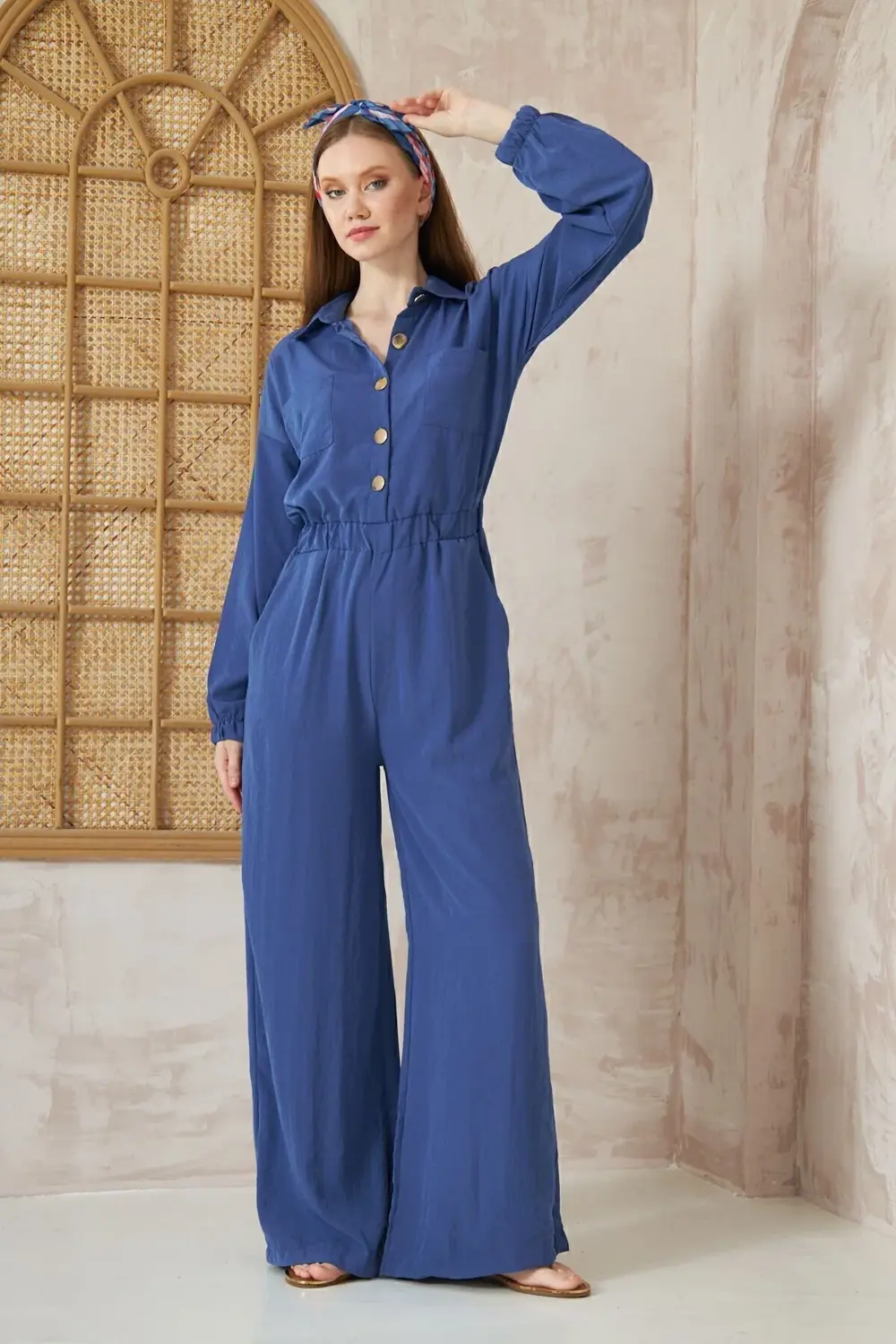 Kadın Indigo Cepli Beli Kolu Lastikli Uzun Kol Bol Kesim Tesettür