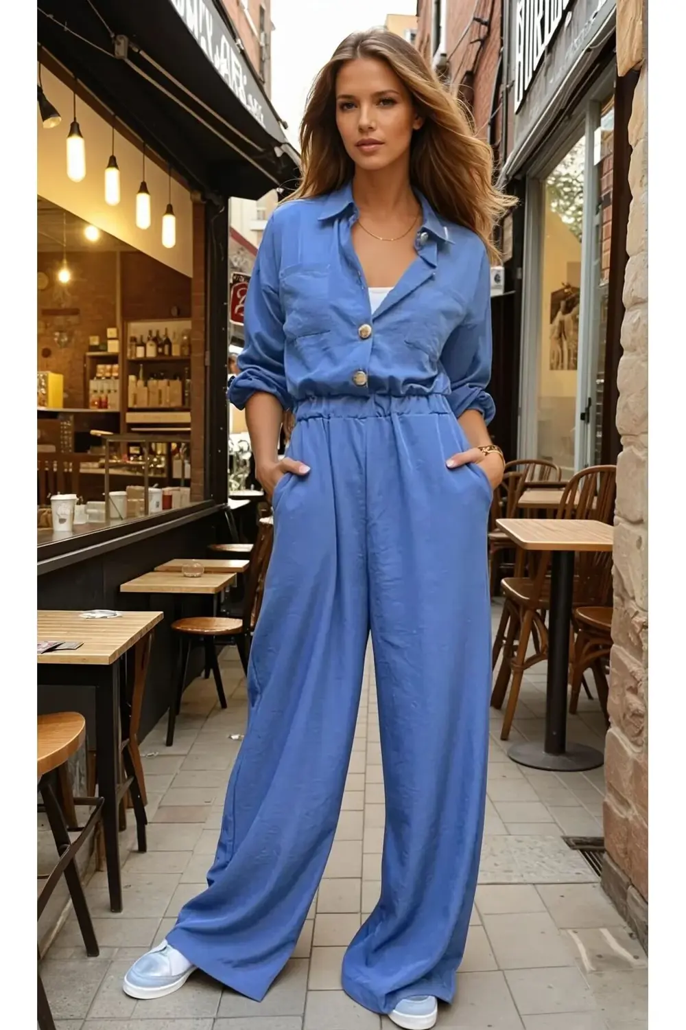 Kadın Indigo Cepli Beli Kolu Lastikli Uzun Kol Bol Kesim Tesettür