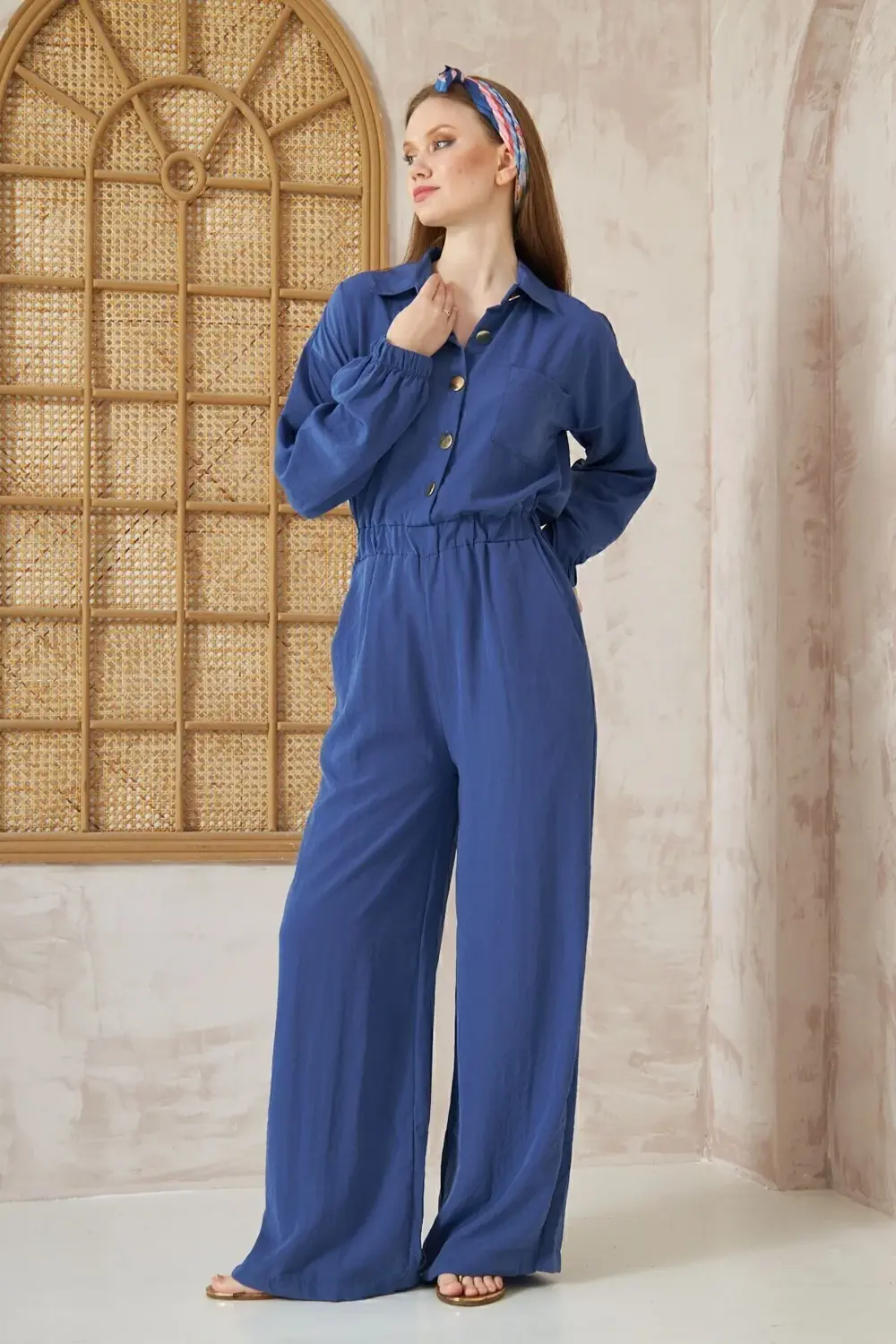 Kadın Indigo Cepli Beli Kolu Lastikli Uzun Kol Bol Kesim Tesettür