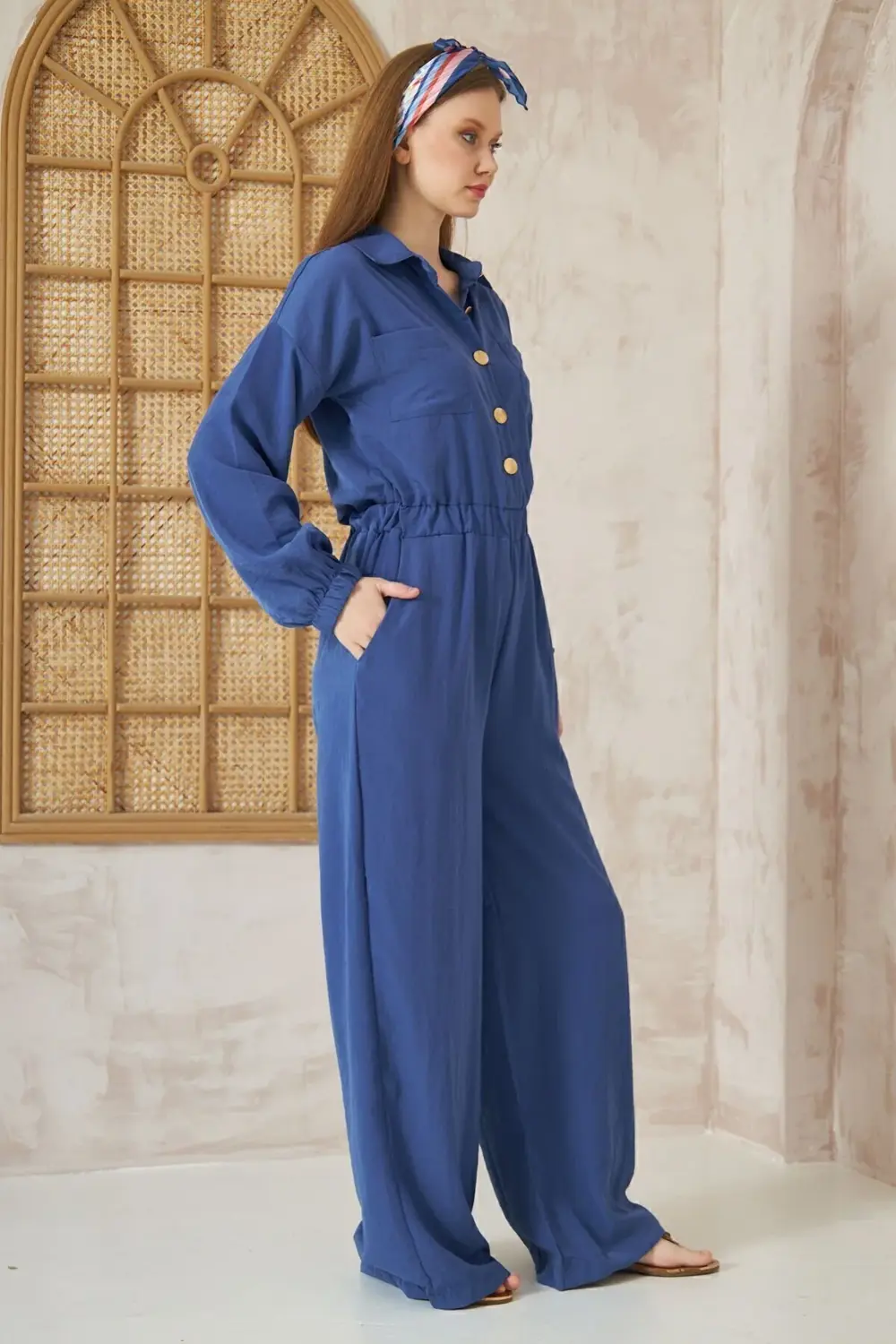 Kadın Indigo Cepli Beli Kolu Lastikli Uzun Kol Bol Kesim Tesettür