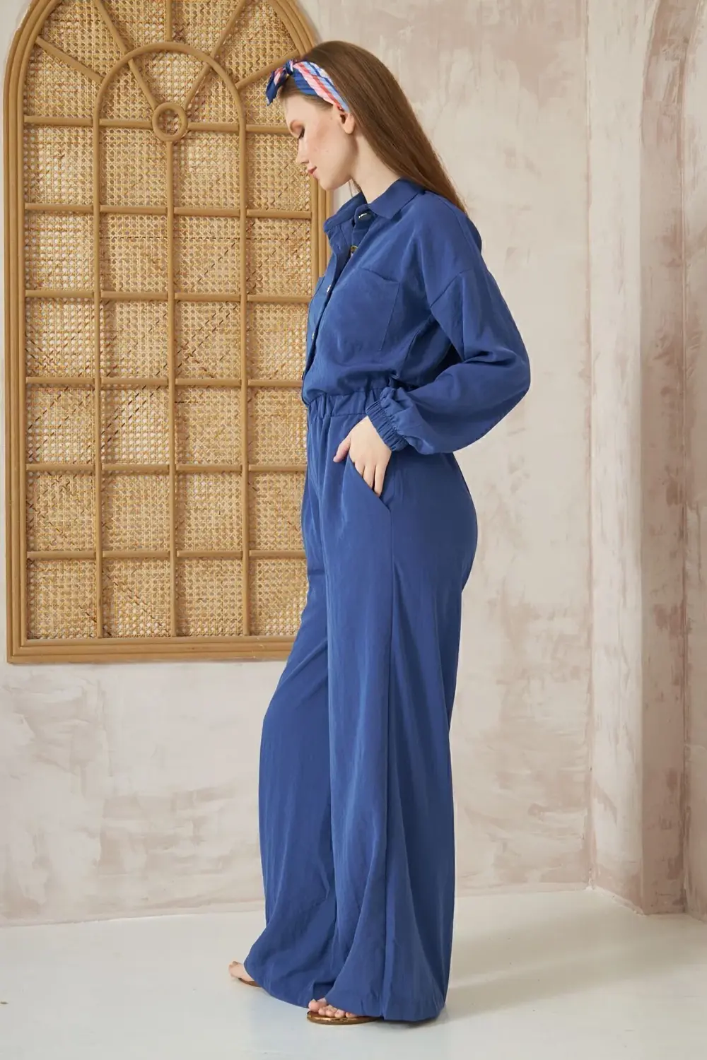 Kadın Indigo Cepli Beli Kolu Lastikli Uzun Kol Bol Kesim Tesettür