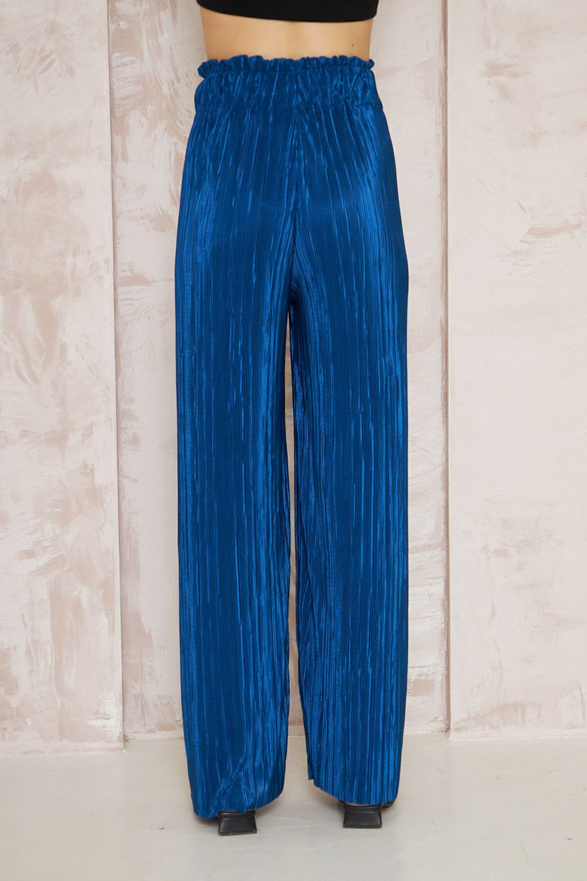 Pasaklı Giyim Kadın İndigo Dokulu Beli Lastikli Yüksek Bel Bol Paça Salaş Rahat