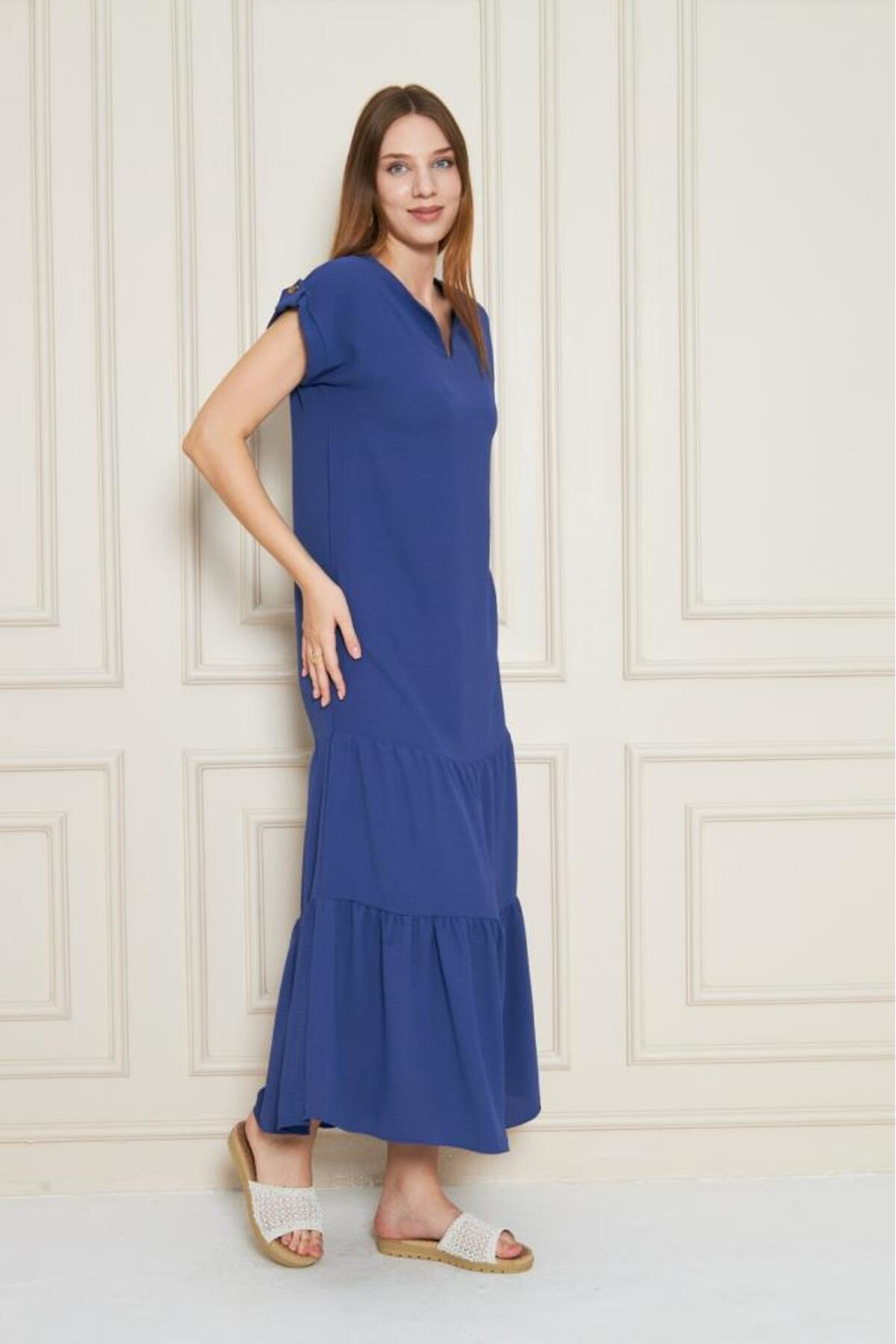 Pasaklı Giyim Kadın İndigo Mavi Uzun Eteği Fırfırlı Kısa Kol Apolet Detaylı Sal Pasaklı Giyim Kadın İndigo Mavi Uzun Eteği Fırfırlı Kısa Kol Apolet Detaylı Sal