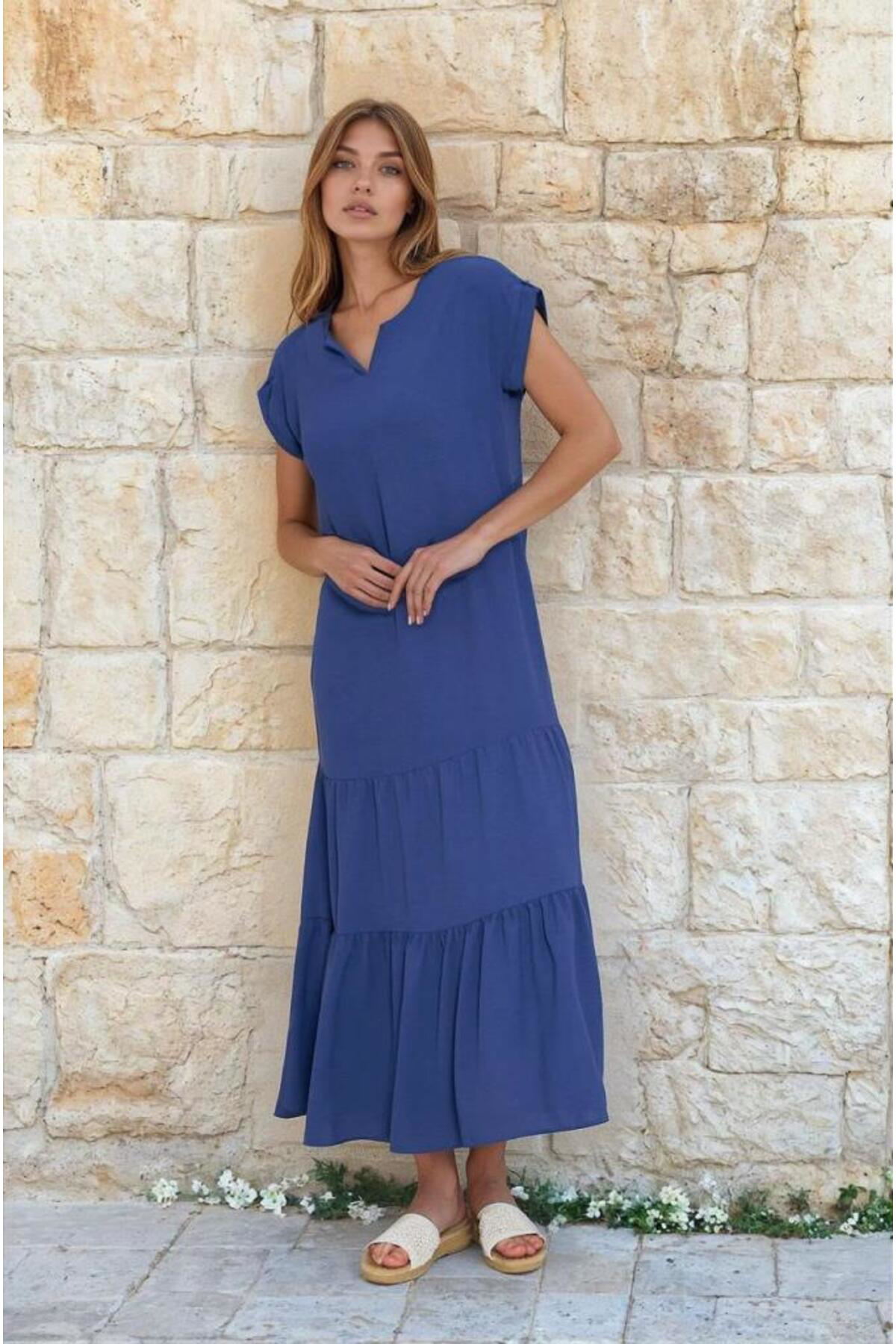 Pasaklı Giyim Kadın İndigo Mavi Uzun Eteği Fırfırlı Kısa Kol Apolet Detaylı Sal Pasaklı Giyim Kadın İndigo Mavi Uzun Eteği Fırfırlı Kısa Kol Apolet Detaylı Sal