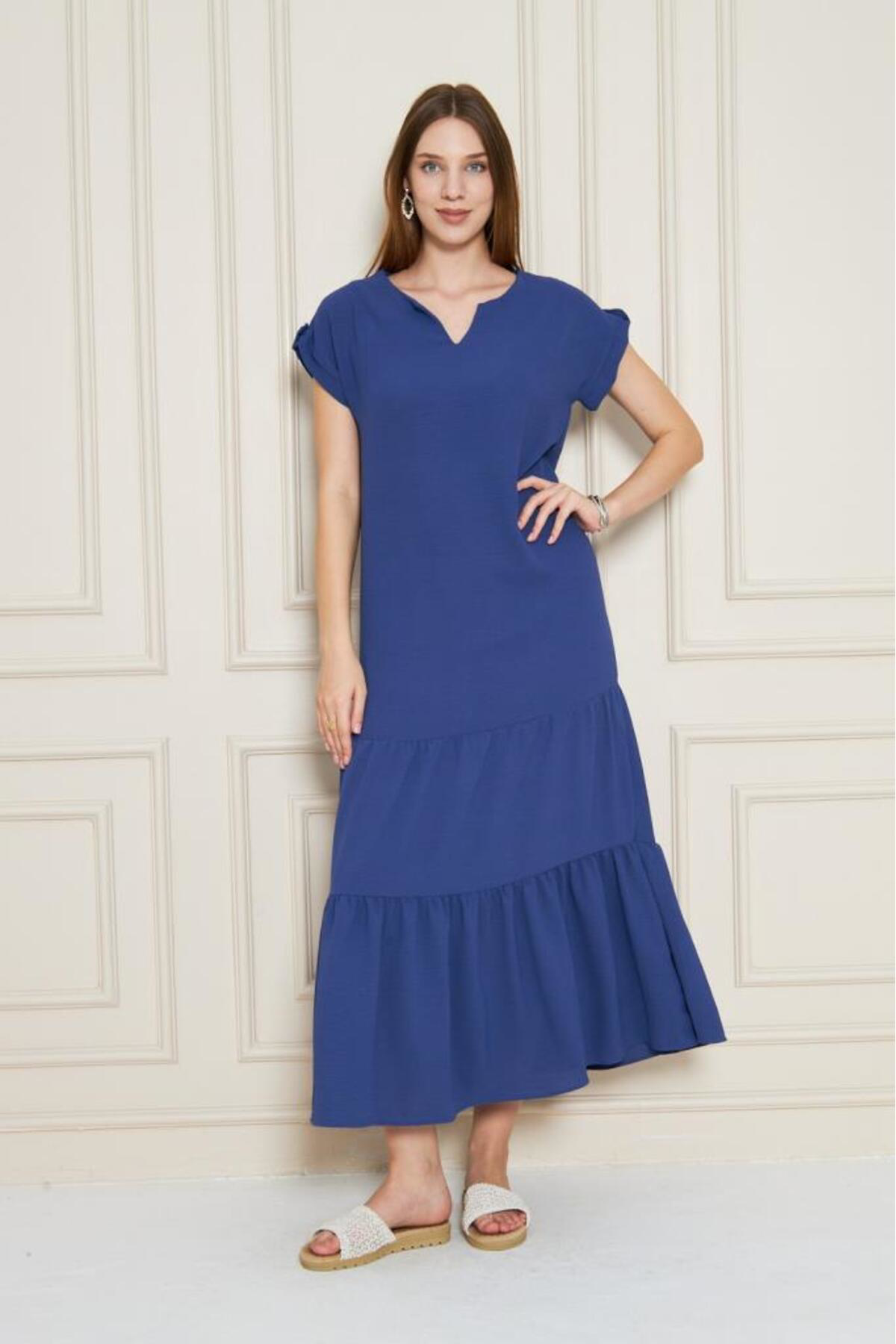 Pasaklı Giyim Kadın İndigo Mavi Uzun Eteği Fırfırlı Kısa Kol Apolet Detaylı Sal Pasaklı Giyim Kadın İndigo Mavi Uzun Eteği Fırfırlı Kısa Kol Apolet Detaylı Sal
