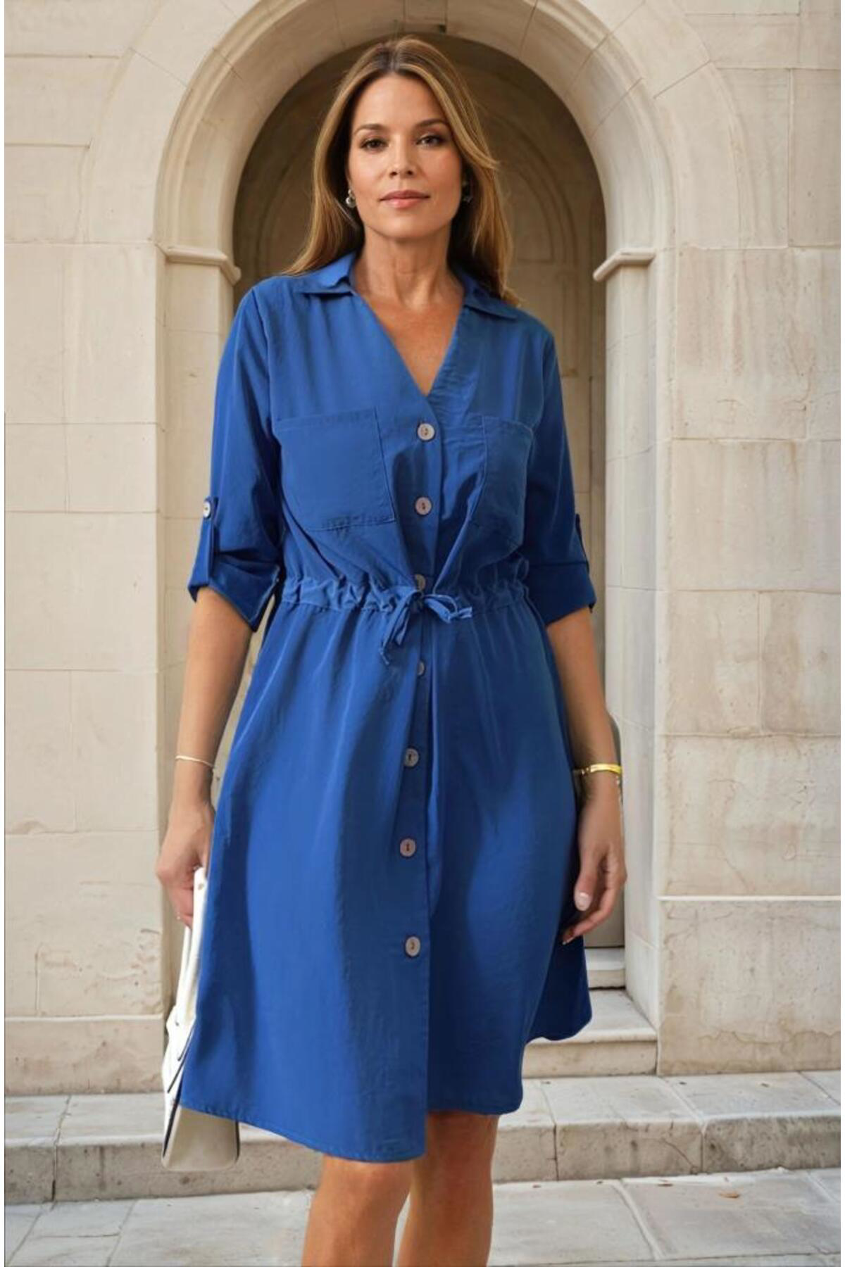 Pasaklı Giyim Kadın İndigo Uzun Kol Beli Bağcıklı Cepli Düğmeli A Kesim Cupra S