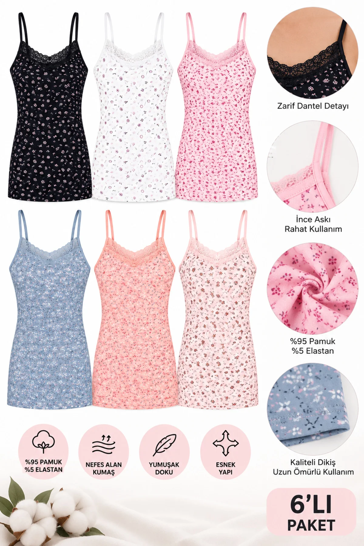 Kadın İp Askılı Dantelli Atlet 6’lı Paket %95 Pamuk Likralı Desenli Asorti İç Giyim M-L-XL-2XL