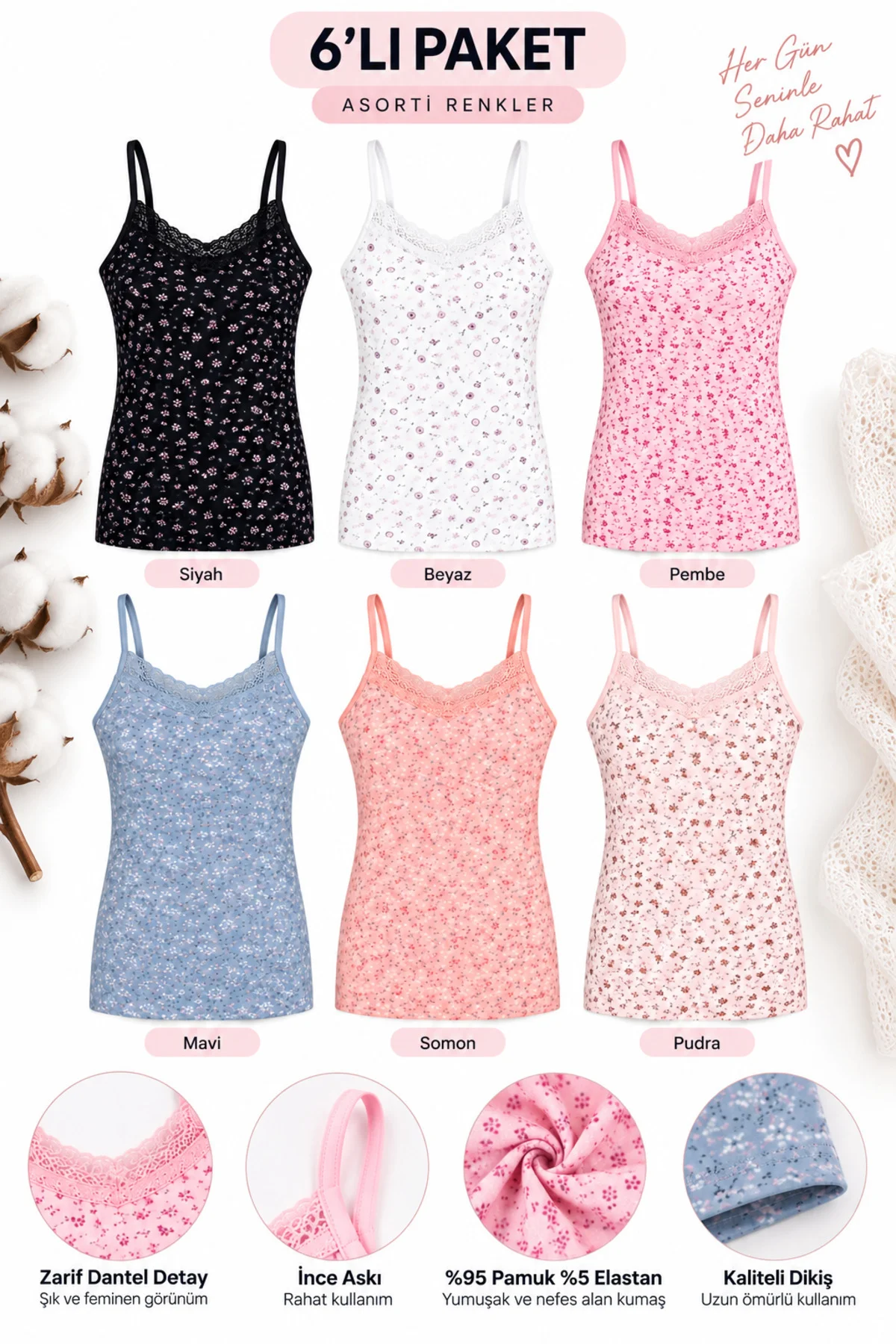 Kadın İp Askılı Dantelli Atlet 6’lı Paket %95 Pamuk Likralı Desenli Asorti İç Giyim M-L-XL-2XL