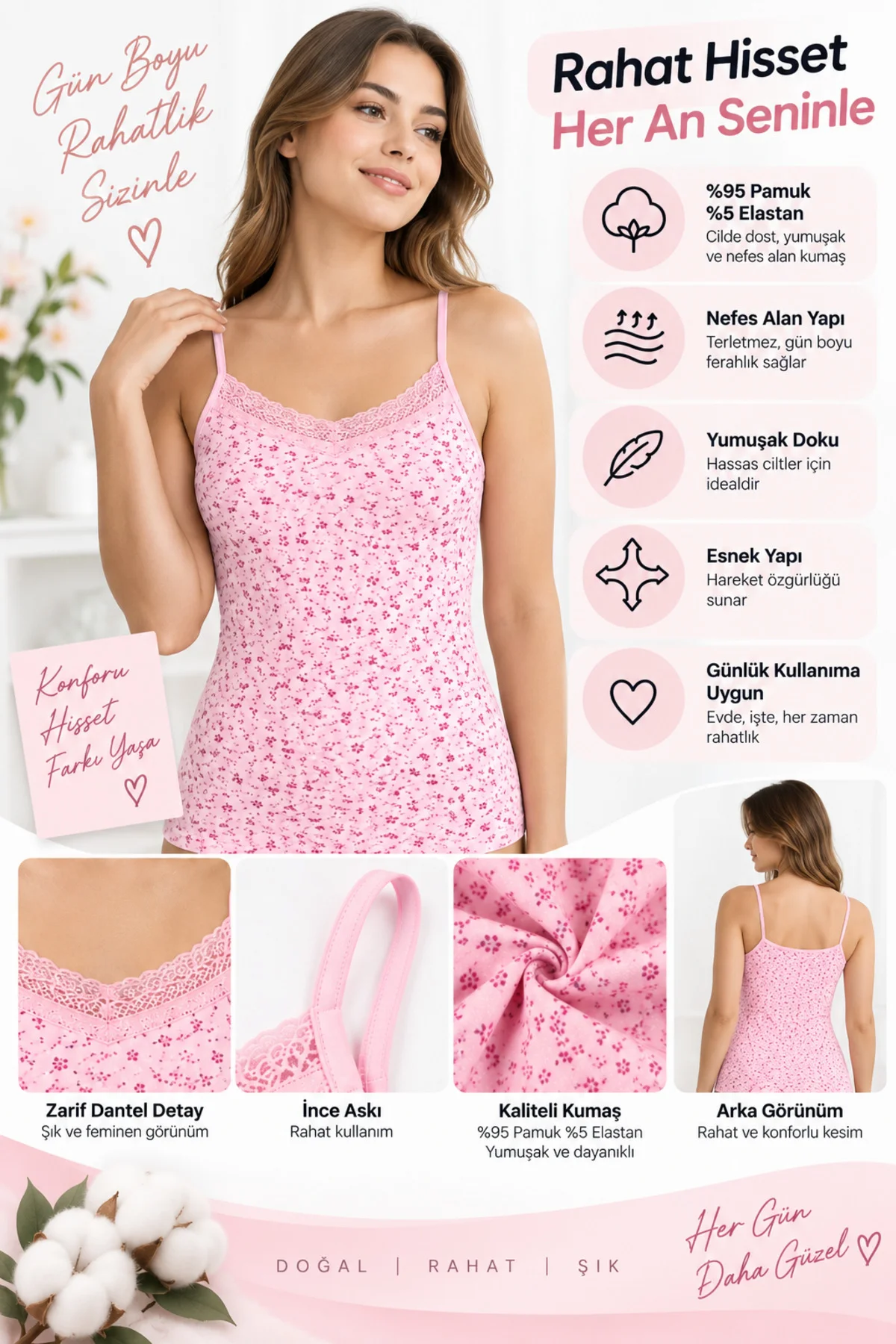 Kadın İp Askılı Dantelli Atlet 6’lı Paket %95 Pamuk Likralı Desenli Asorti İç Giyim M-L-XL-2XL