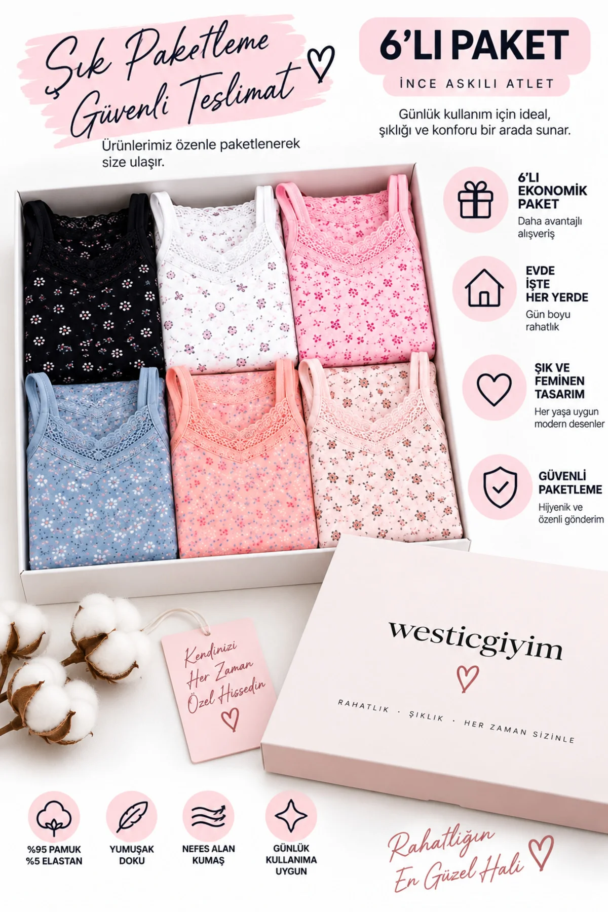 Kadın İp Askılı Dantelli Atlet 6’lı Paket %95 Pamuk Likralı Desenli Asorti İç Giyim M-L-XL-2XL