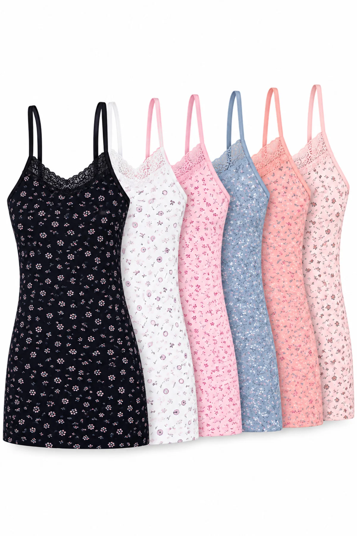 Kadın İp Askılı Dantelli Atlet 6’lı Paket %95 Pamuk Likralı Desenli Asorti İç Giyim M-L-XL-2XL
