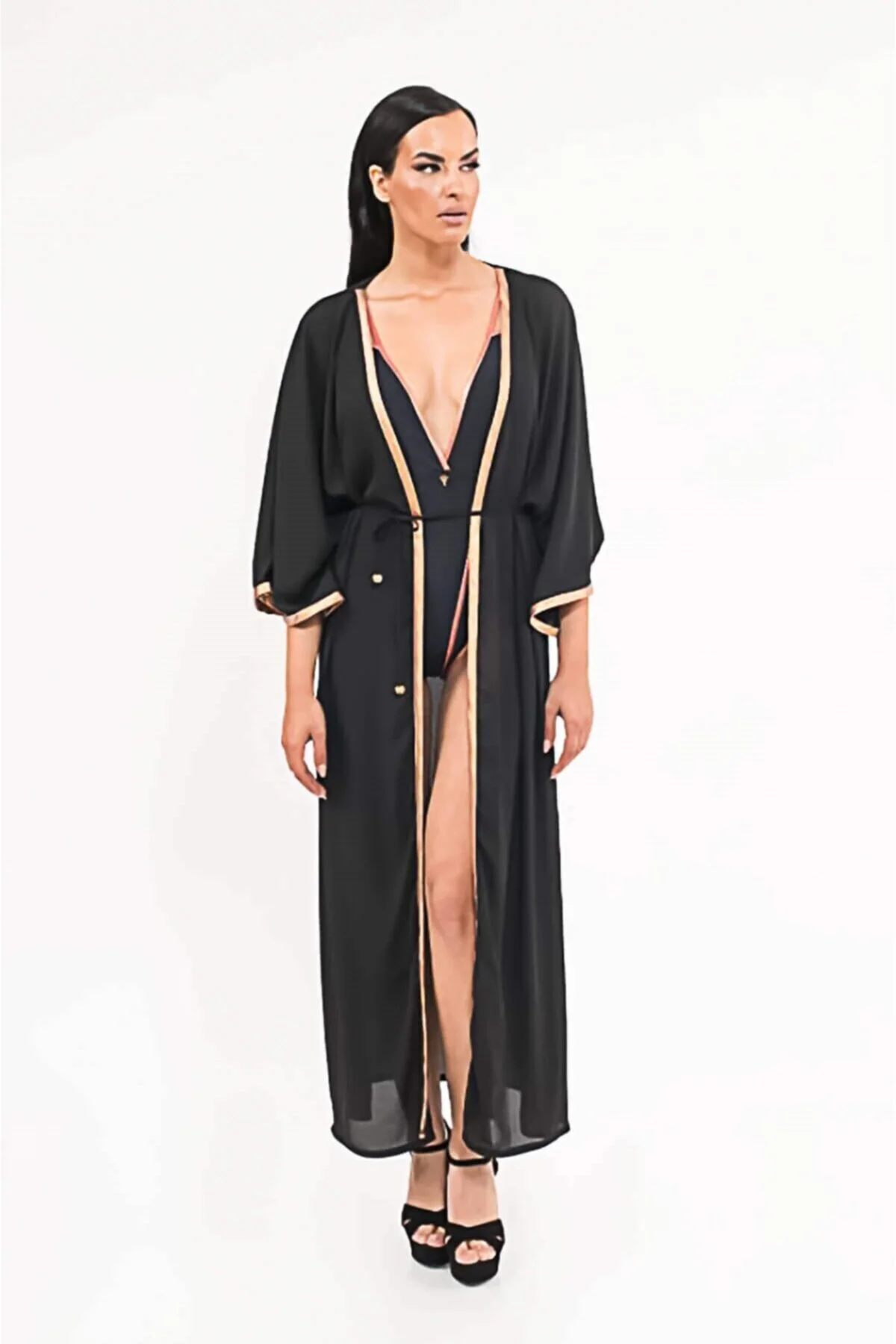 Kadın Judy Maxi Kimono Pareo Plaj Elbisesi Siyah
