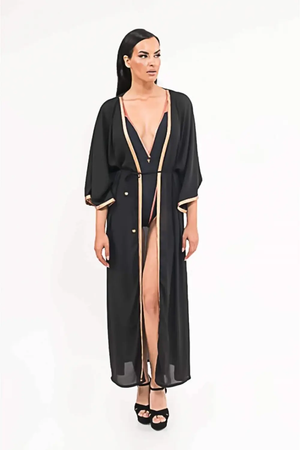 Kadın Judy Maxi Kimono Pareo Plaj Elbisesi Siyah