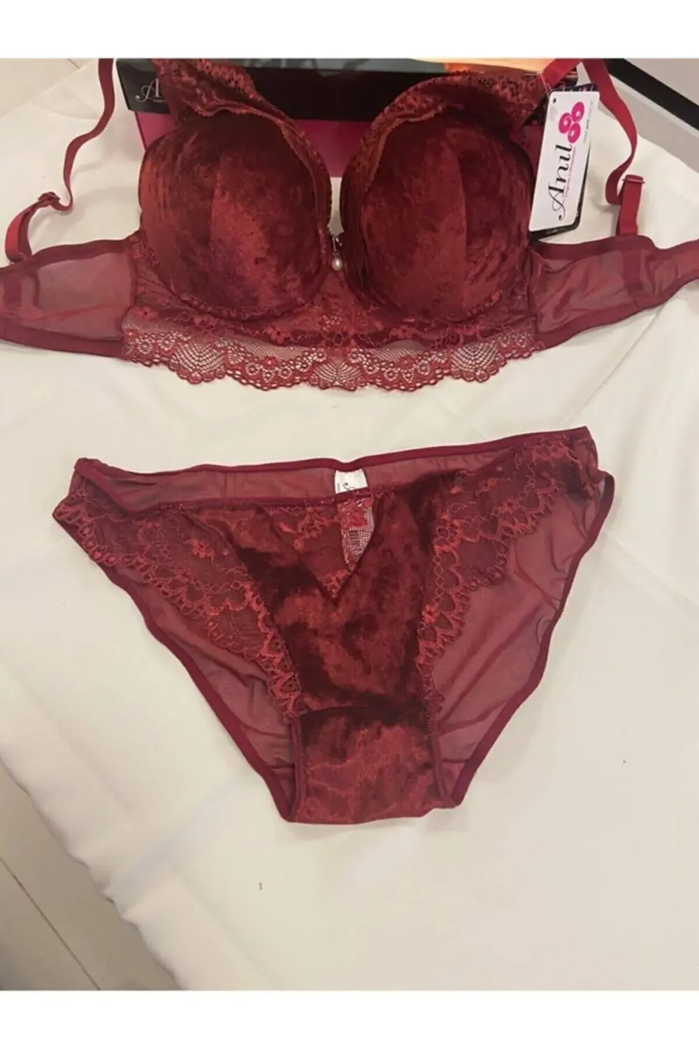 Kadın Kadife Sütyen Slip Takım Bordo 4805
