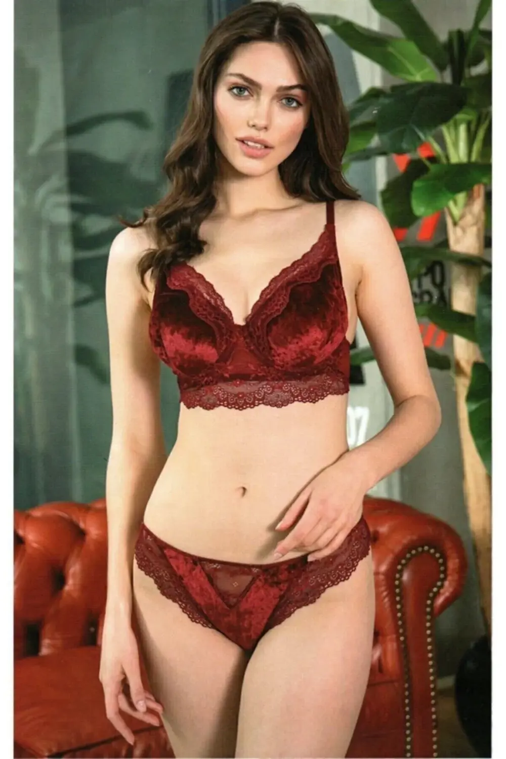 Kadın Kadife Sütyen Slip Takım Bordo 4805
