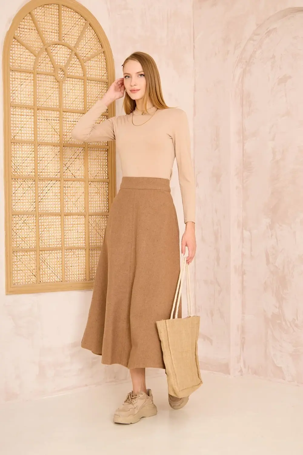 Kadın Kahve Midi Boy Dar Kalıp Kaşe Dokulu Kumaş Yüksek Bel Cepli