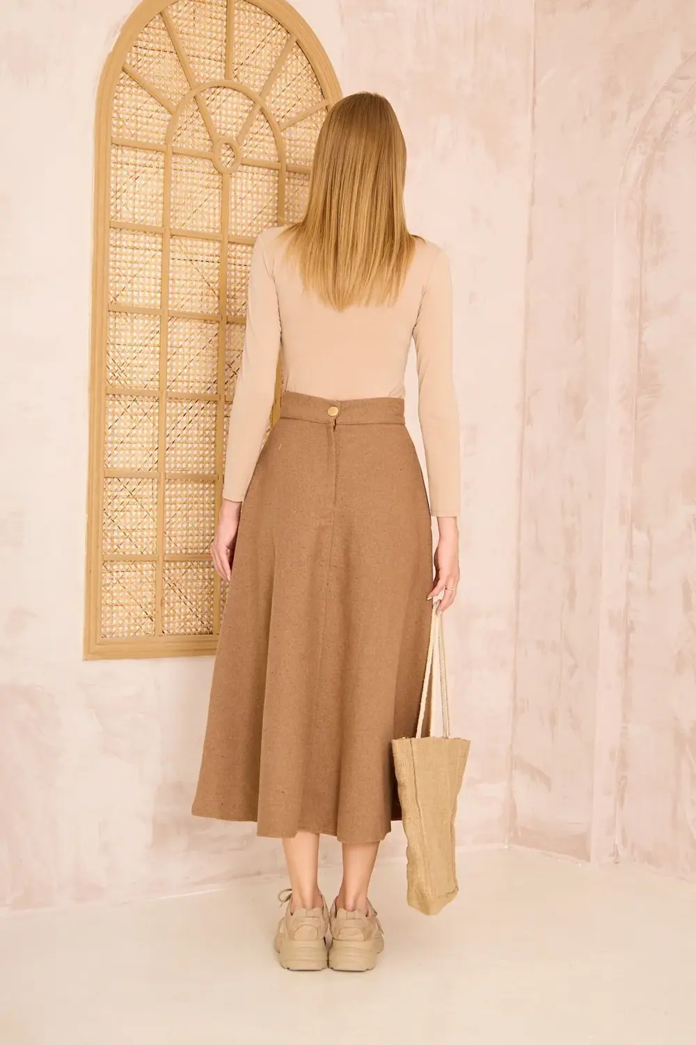 Kadın Kahve Midi Boy Dar Kalıp Kaşe Dokulu Kumaş Yüksek Bel Cepli