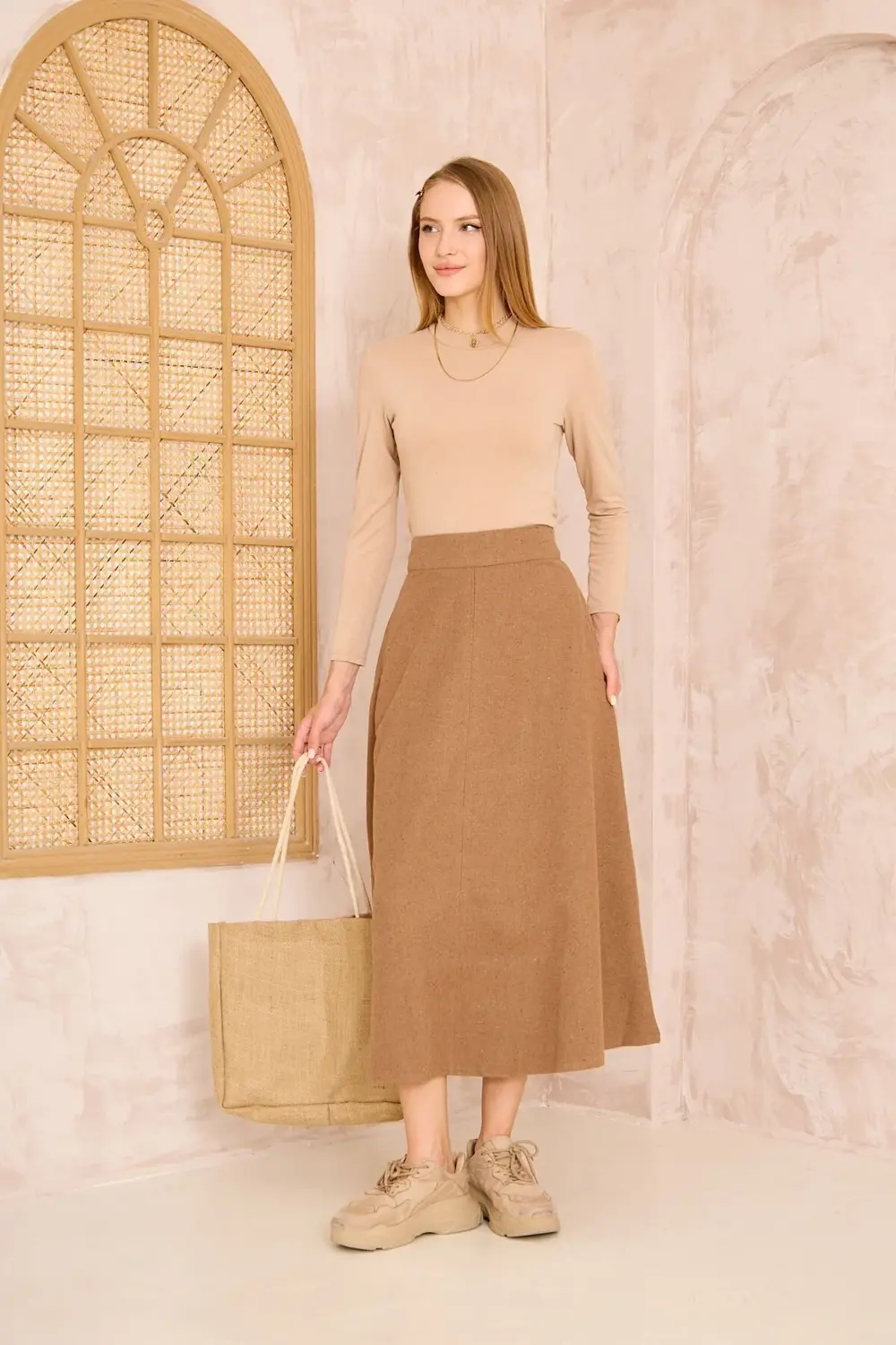 Kadın Kahve Midi Boy Dar Kalıp Kaşe Dokulu Kumaş Yüksek Bel Cepli