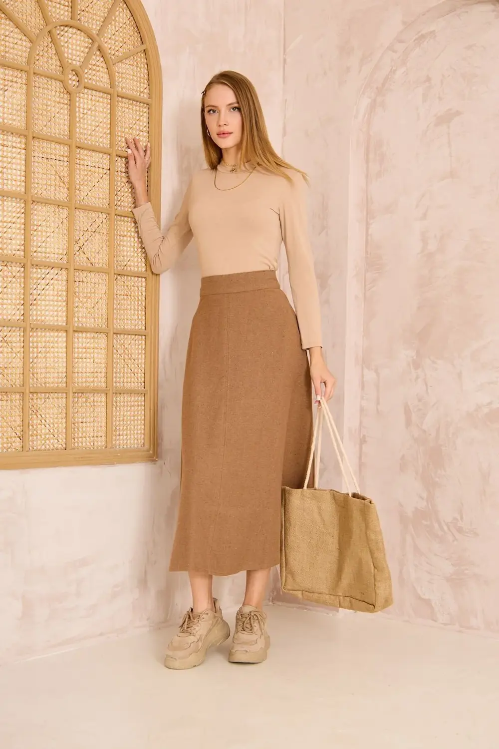 Kadın Kahve Midi Boy Dar Kalıp Kaşe Dokulu Kumaş Yüksek Bel Cepli