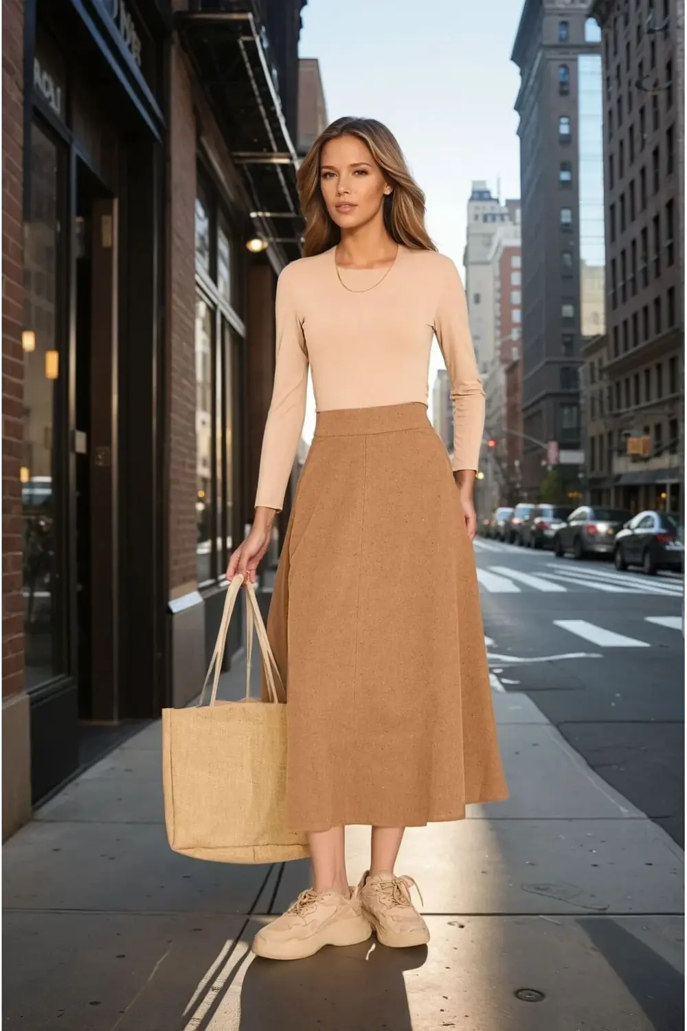 Kadın Kahve Midi Boy Dar Kalıp Kaşe Dokulu Kumaş Yüksek Bel Cepli