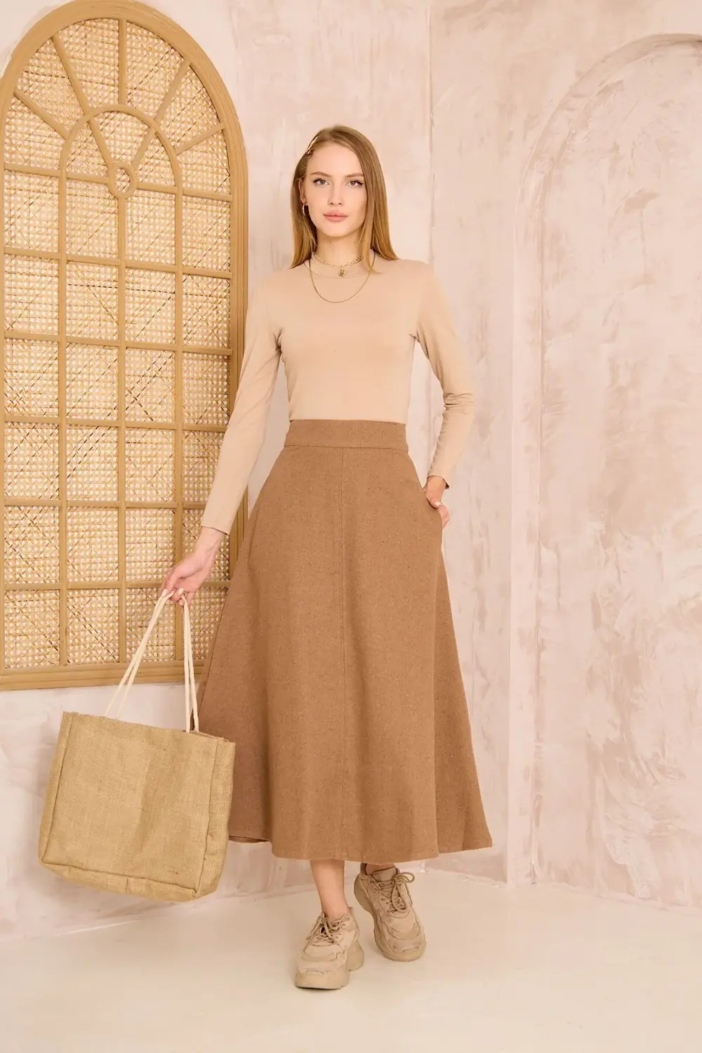 Kadın Kahve Midi Boy Dar Kalıp Kaşe Dokulu Kumaş Yüksek Bel Cepli