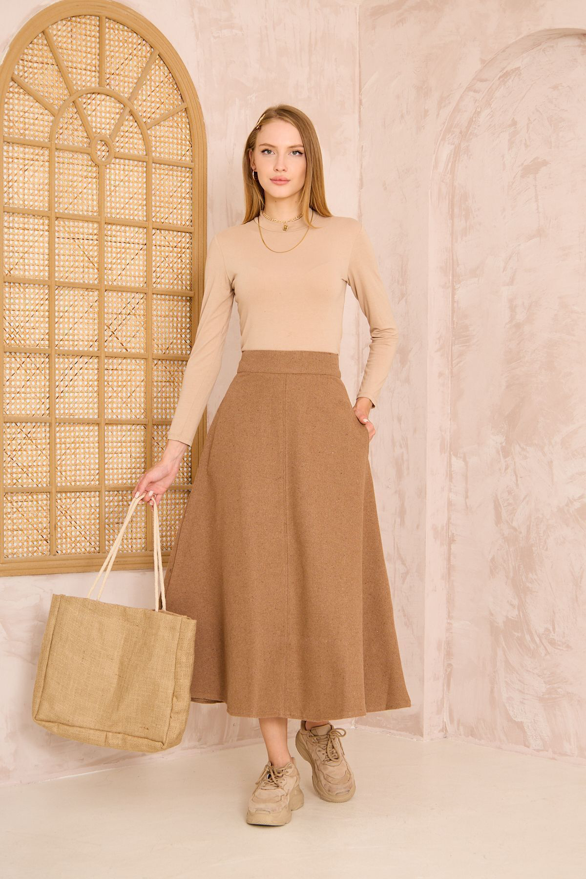 Pasaklı Giyim Kadın Kahve Midi Boy Dar Kalıp Kaşe Dokulu Kumaş Yüksek Bel Cepli