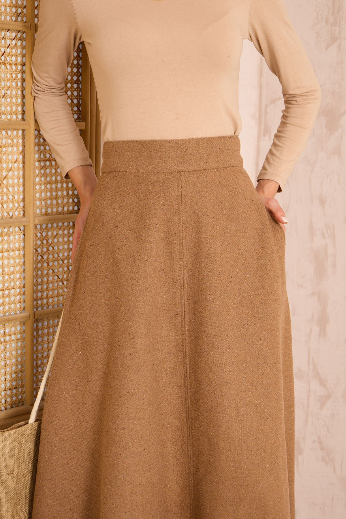 Pasaklı Giyim Kadın Kahve Midi Boy Dar Kalıp Kaşe Dokulu Kumaş Yüksek Bel Cepli