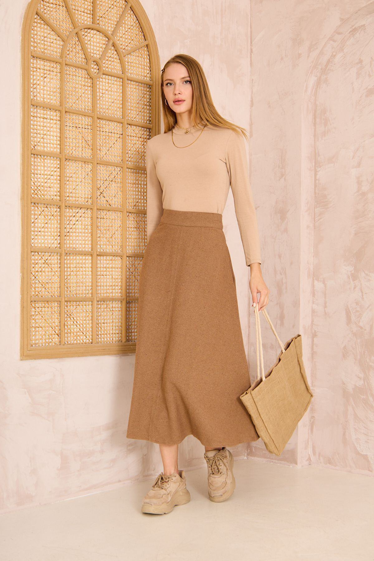 Pasaklı Giyim Kadın Kahve Midi Boy Dar Kalıp Kaşe Dokulu Kumaş Yüksek Bel Cepli