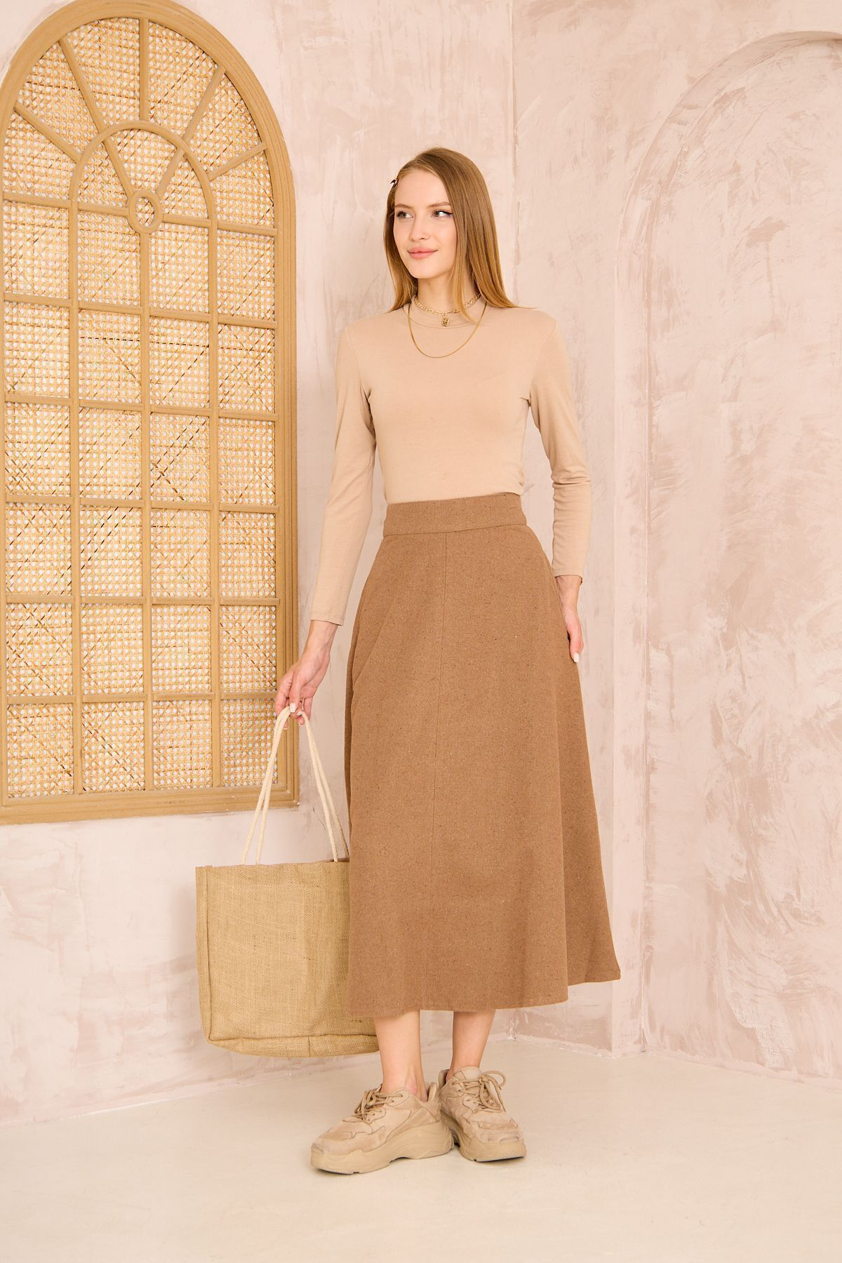 Pasaklı Giyim Kadın Kahve Midi Boy Dar Kalıp Kaşe Dokulu Kumaş Yüksek Bel Cepli