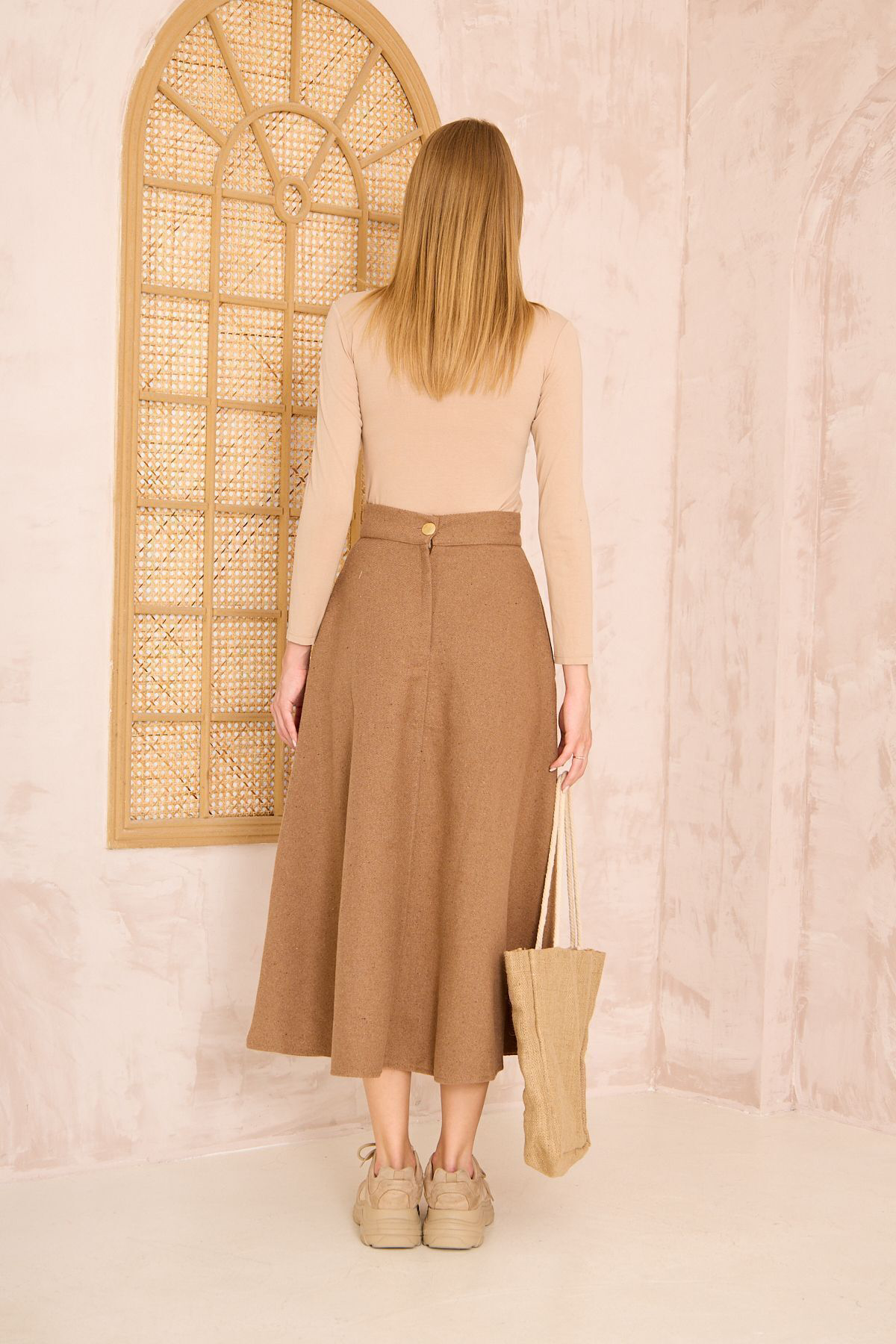 Pasaklı Giyim Kadın Kahve Midi Boy Dar Kalıp Kaşe Dokulu Kumaş Yüksek Bel Cepli