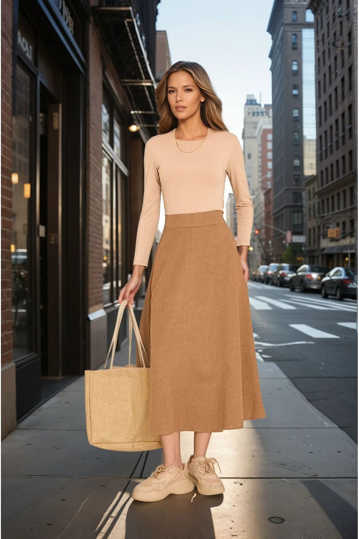 Pasaklı Giyim Kadın Kahve Midi Boy Dar Kalıp Kaşe Dokulu Kumaş Yüksek Bel Cepli