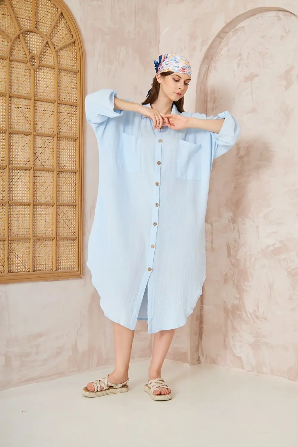 Kadın Kahve Müslin Extra Geniş Oversize Yarasa Kol Cepli Uzun Kol