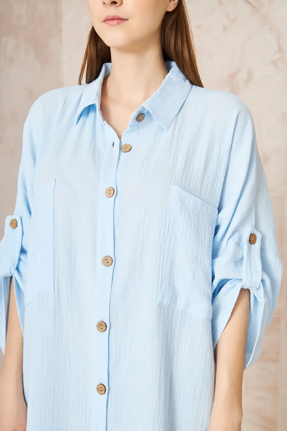 Kadın Kahve Müslin Extra Geniş Oversize Yarasa Kol Cepli Uzun Kol