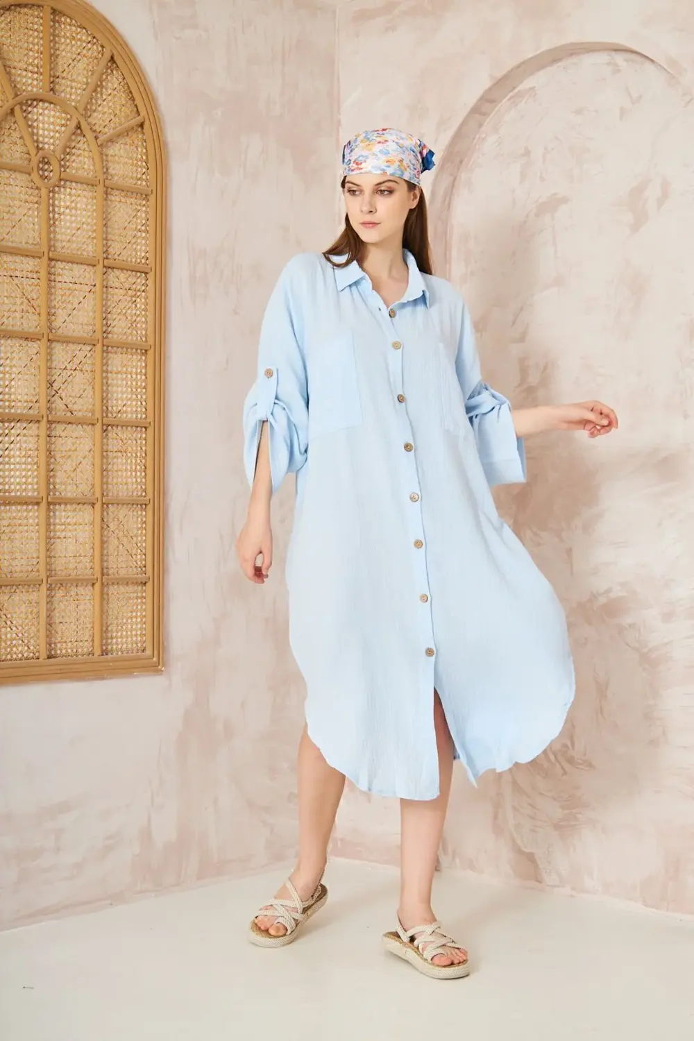 Kadın Kahve Müslin Extra Geniş Oversize Yarasa Kol Cepli Uzun Kol