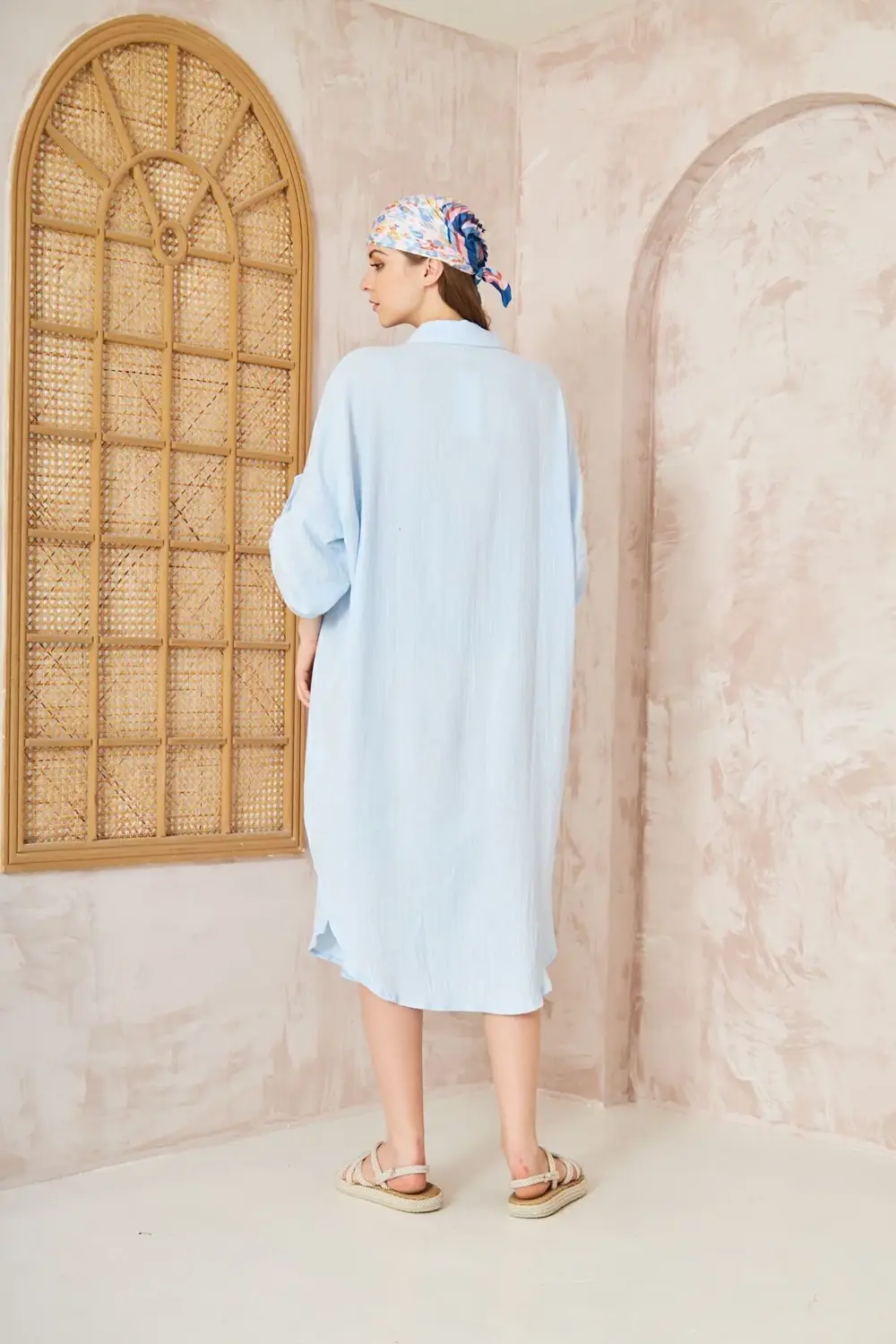 Kadın Kahve Müslin Extra Geniş Oversize Yarasa Kol Cepli Uzun Kol