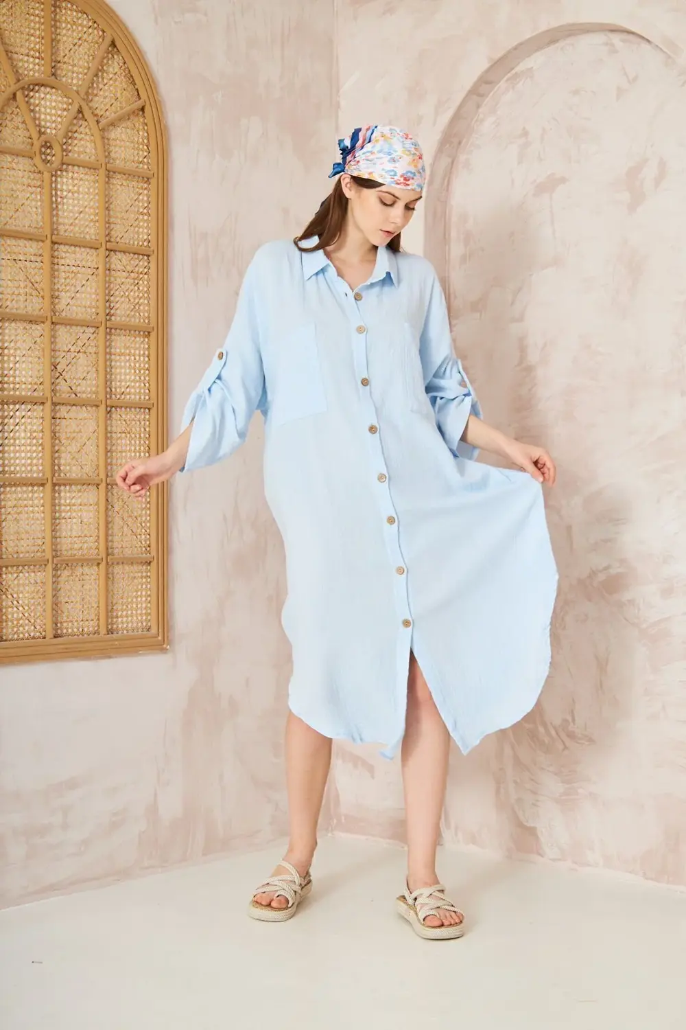 Kadın Kahve Müslin Extra Geniş Oversize Yarasa Kol Cepli Uzun Kol