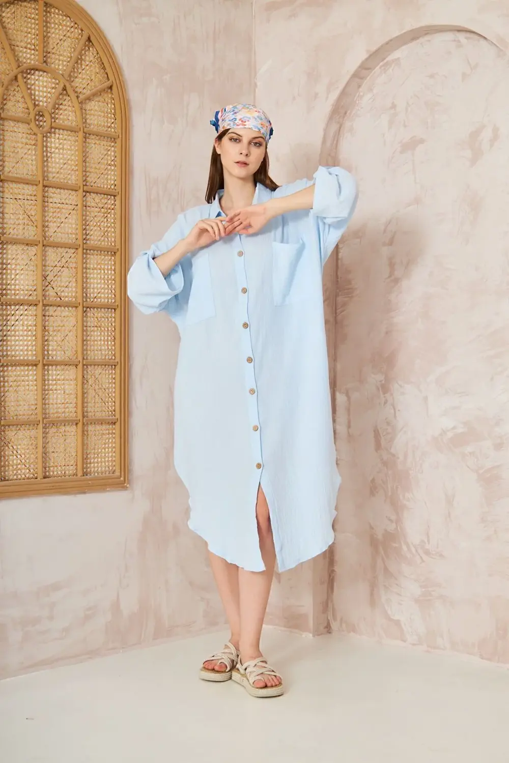 Kadın Kahve Müslin Extra Geniş Oversize Yarasa Kol Cepli Uzun Kol