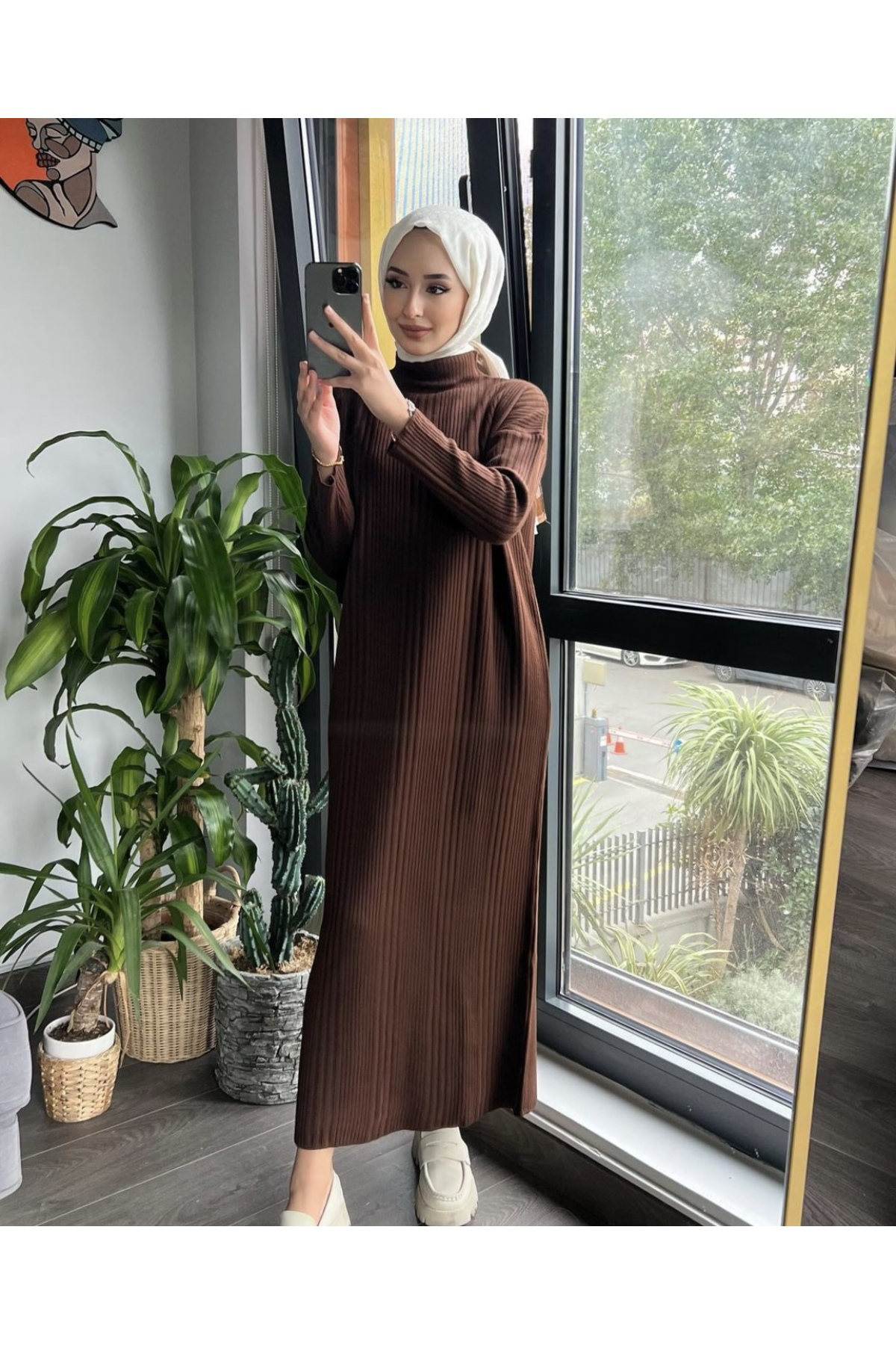 Altiner Triko Kadın Kahve Renk Fitilli Triko Elbise