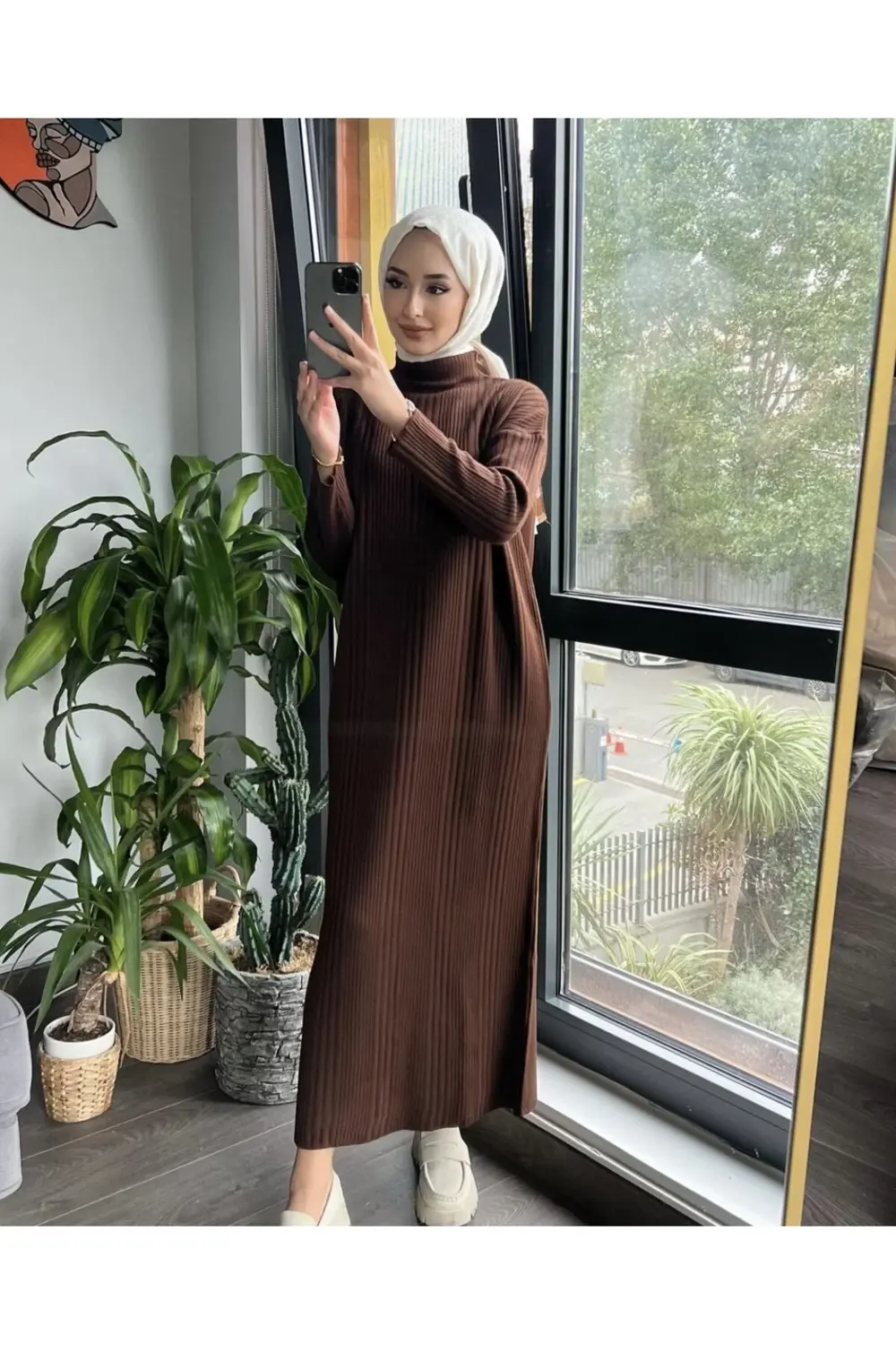 Kadın Kahve Renk Fitilli Triko Elbise