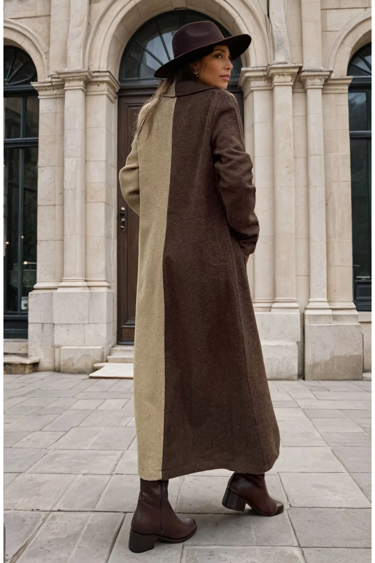 Kadın Kahve Vizon İki Renkli Kaşe Kaban Astarsız Özel Tasarım 700