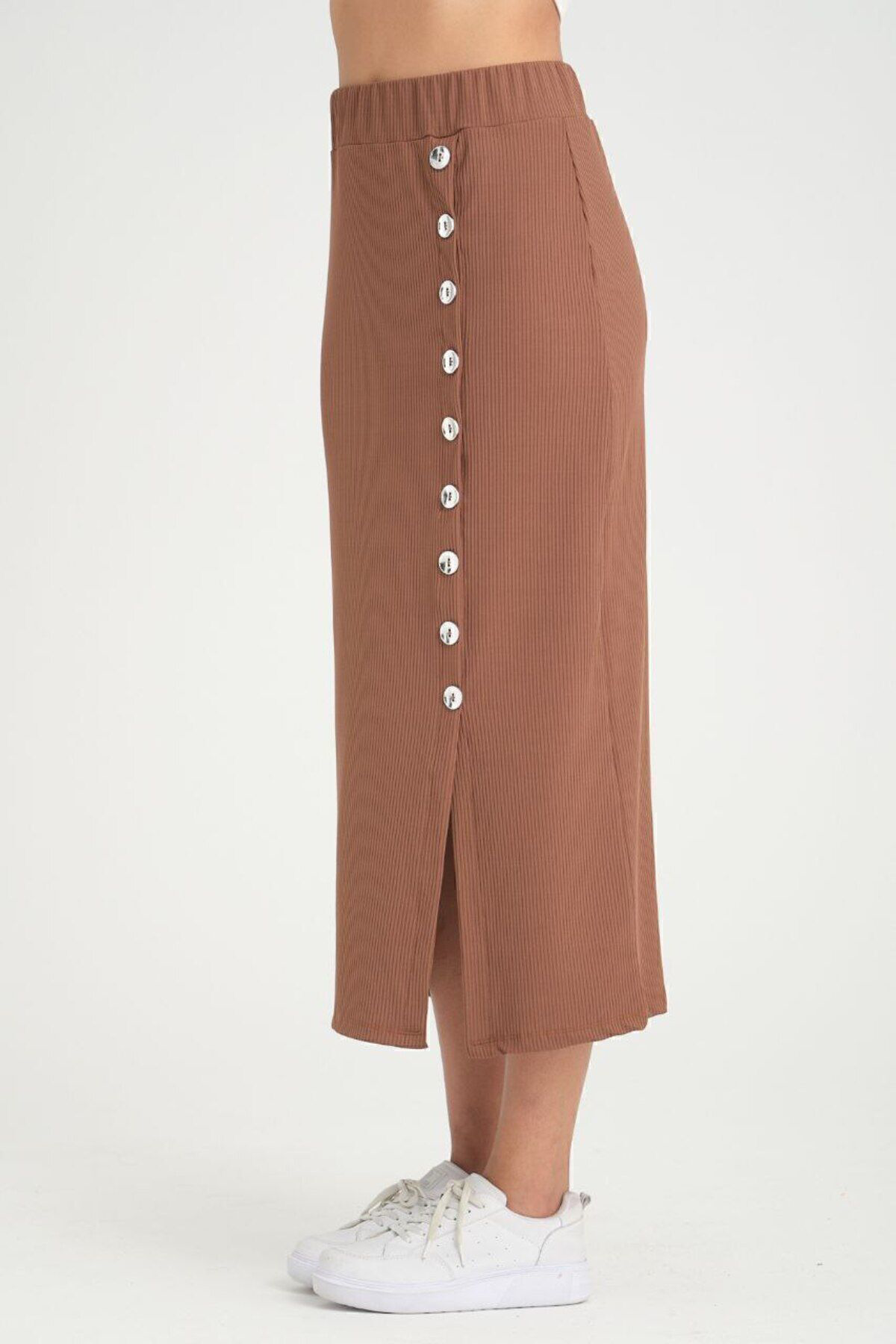 Yıldızistan Kadın Kahverengi Beli Lastikli Düğme Detaylı Yırtmaçlı Likralı Ka