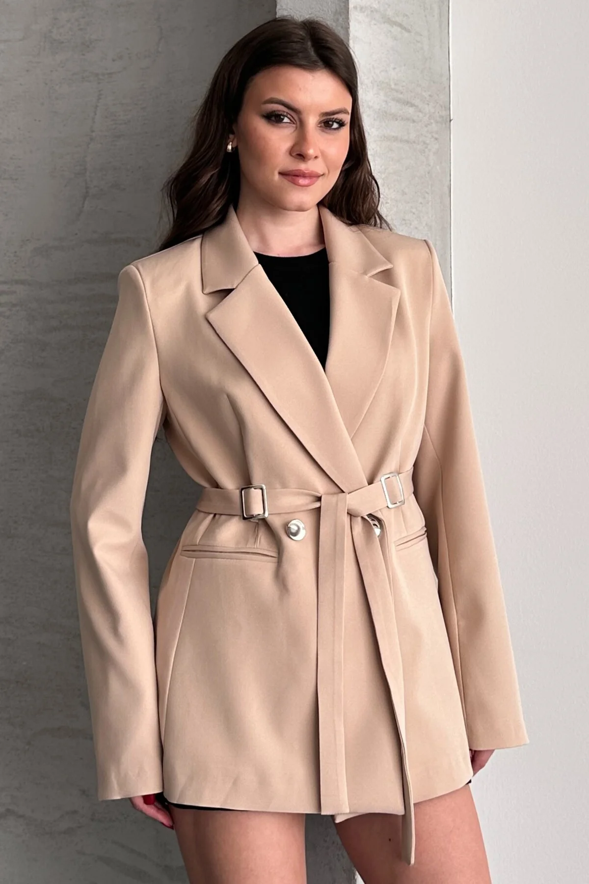 Kadın Kahverengi Çift Tokalı Kuşaklı Blazer Ceket Şık Kruvaze Cek