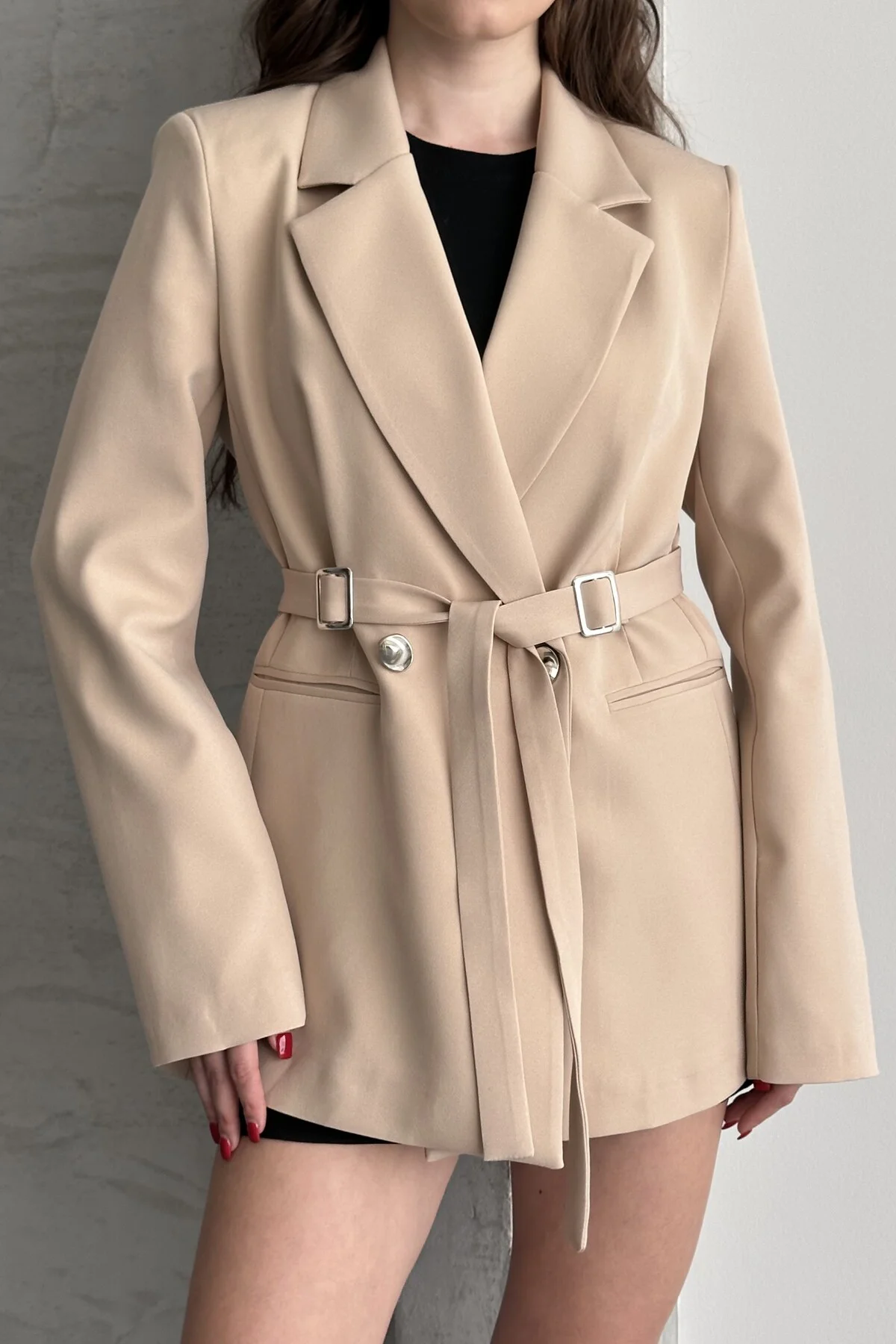 Kadın Kahverengi Çift Tokalı Kuşaklı Blazer Ceket Şık Kruvaze Cek