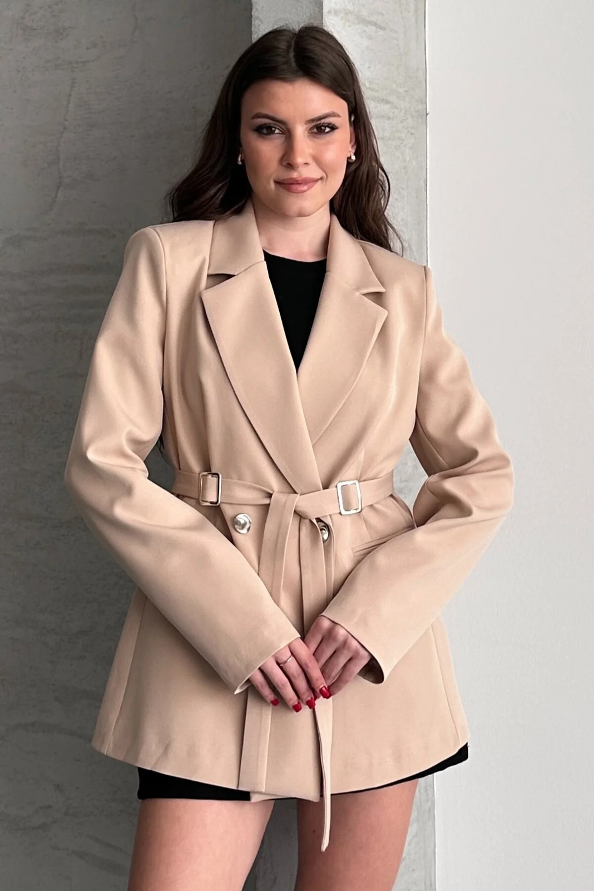 Kadın Kahverengi Çift Tokalı Kuşaklı Blazer Ceket Şık Kruvaze Cek