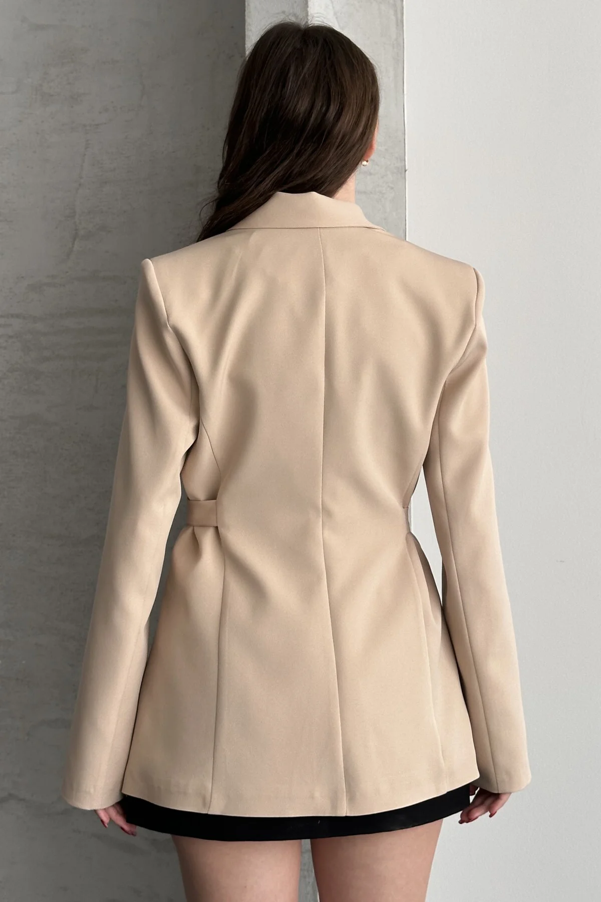 Kadın Kahverengi Çift Tokalı Kuşaklı Blazer Ceket Şık Kruvaze Cek