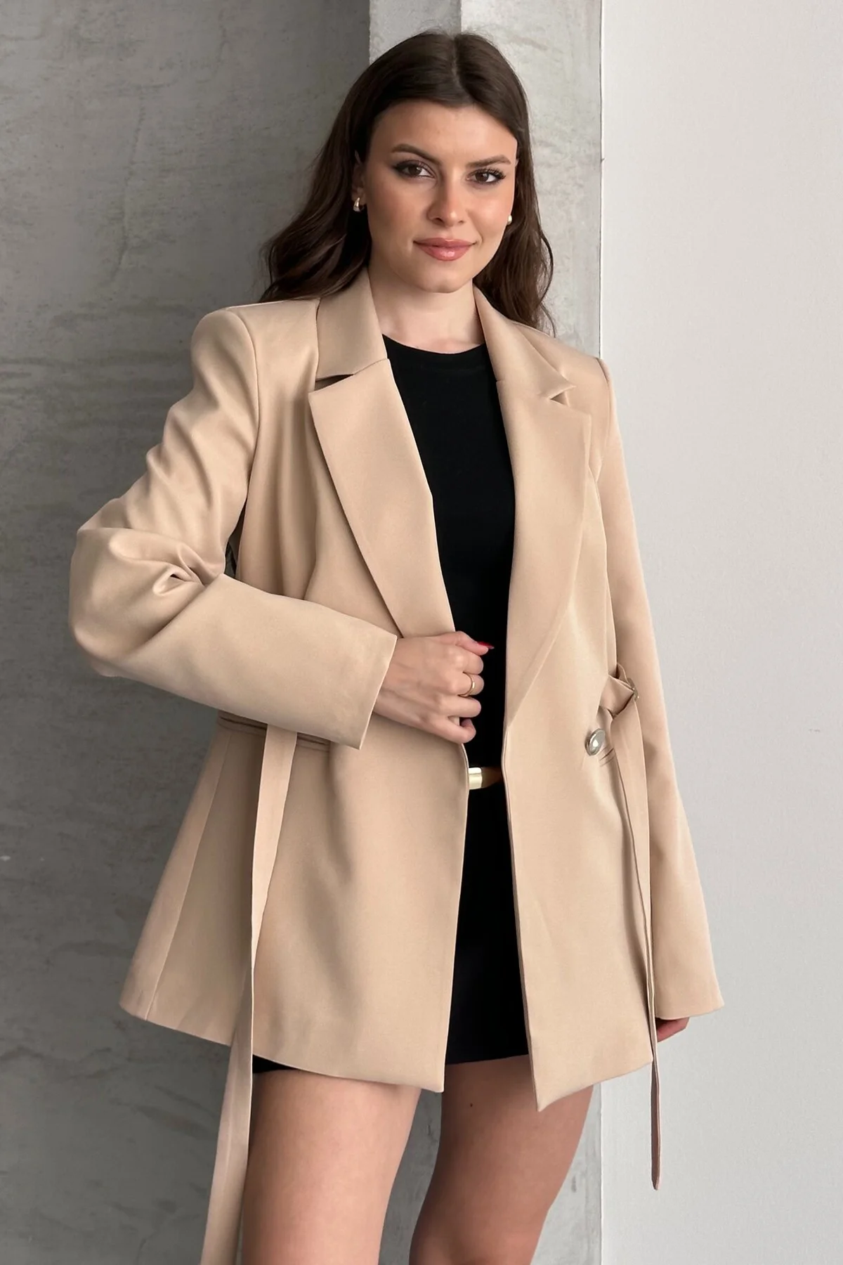 Kadın Kahverengi Çift Tokalı Kuşaklı Blazer Ceket Şık Kruvaze Cek
