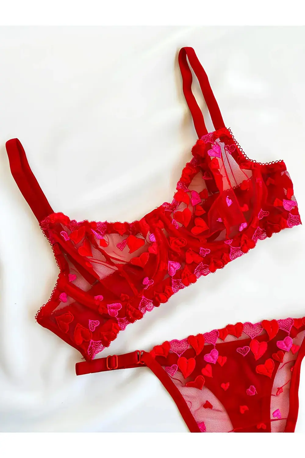 Kadın Kalpli Kırmızı Dantelli Balenli Sütyen Külot Takım