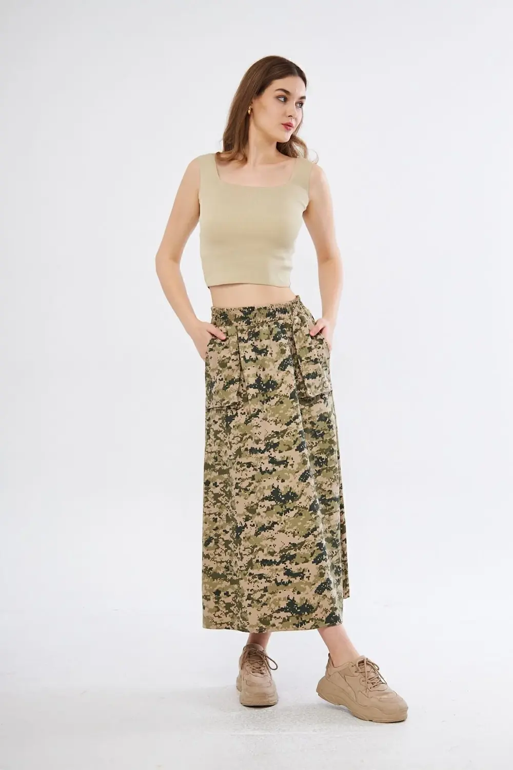 Kadın Kamuflaj Desen Gabardin Kumaş Etek Beli Lastikli Cep Detayl