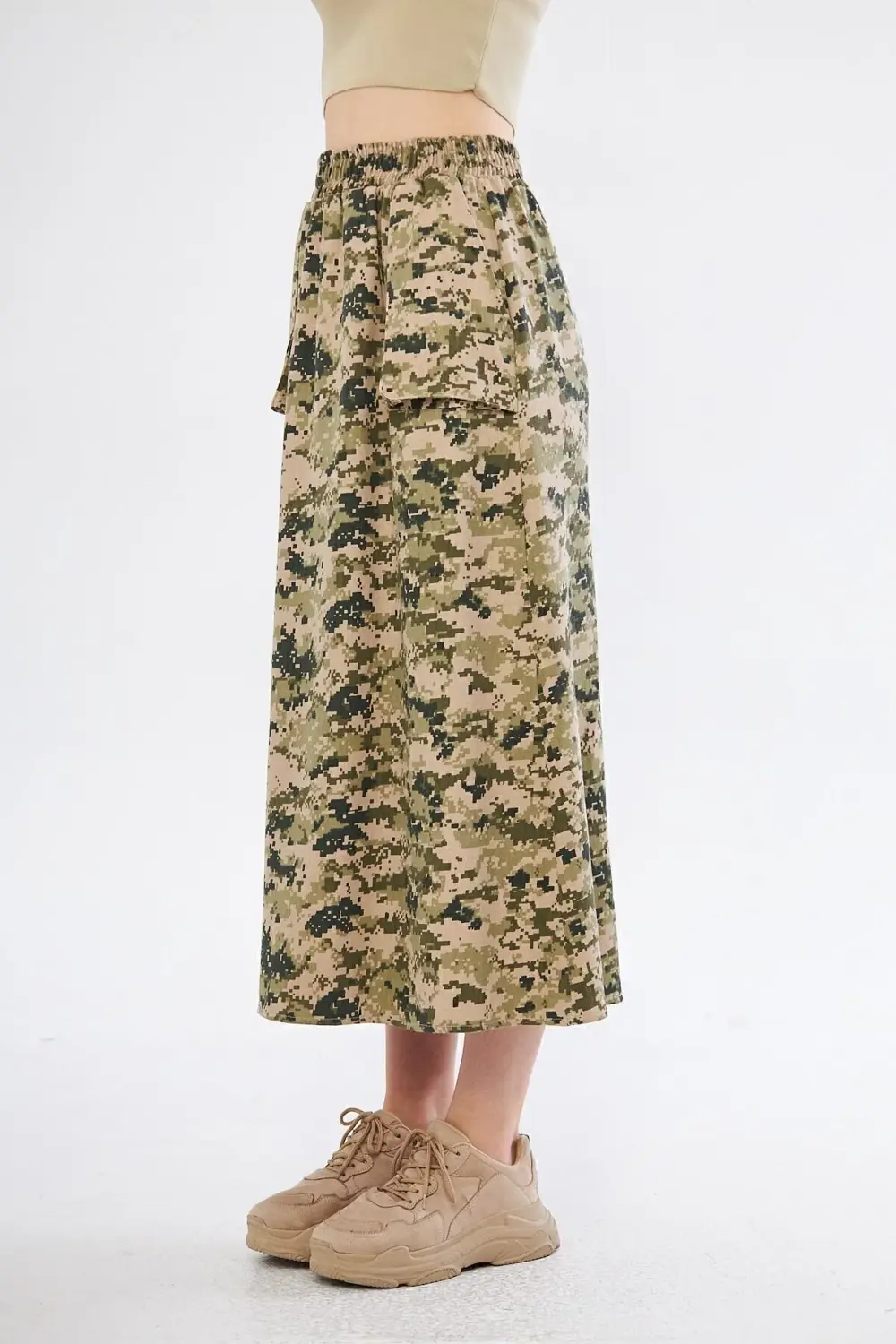 Kadın Kamuflaj Desen Gabardin Kumaş Etek Beli Lastikli Cep Detayl