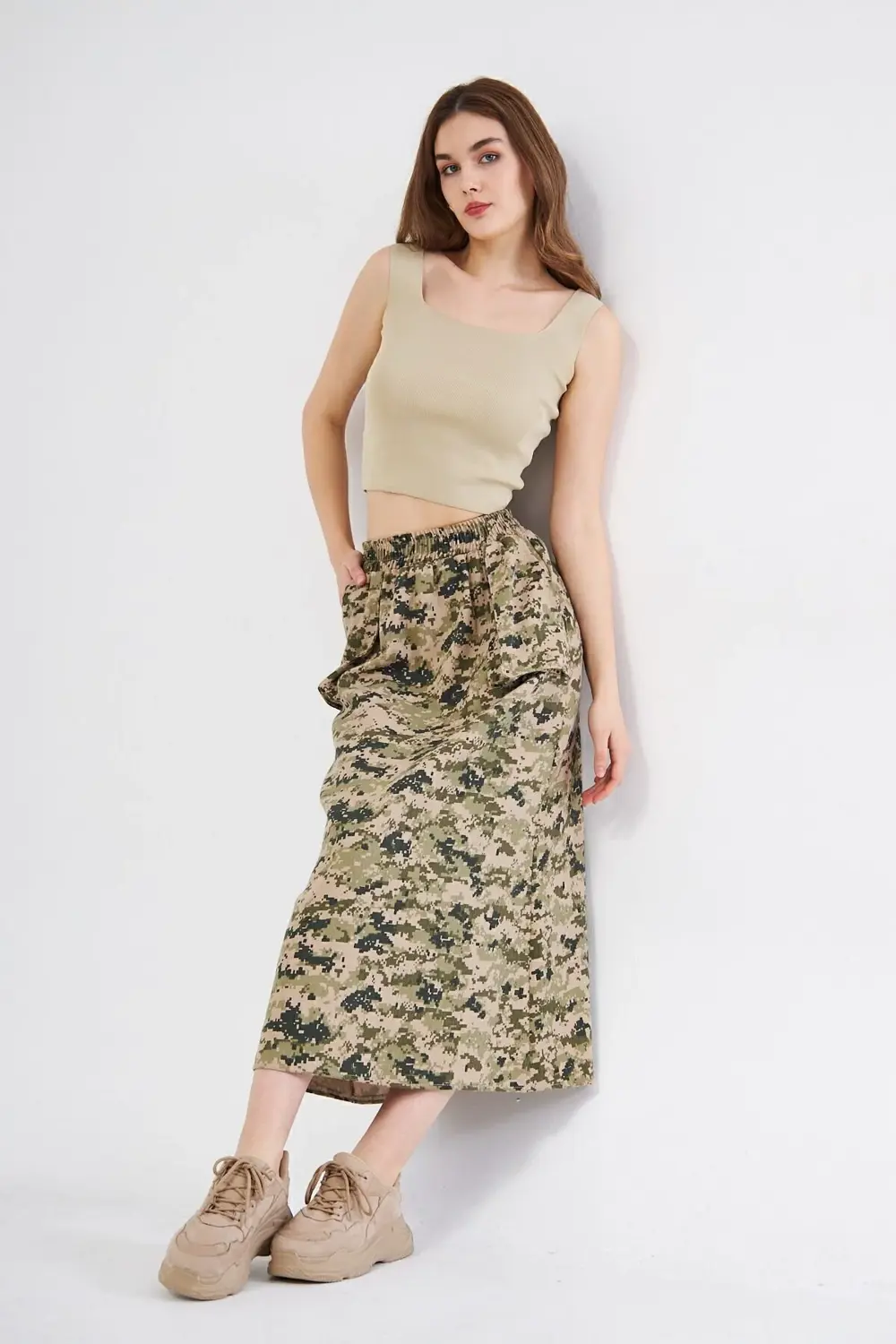 Kadın Kamuflaj Desen Gabardin Kumaş Etek Beli Lastikli Cep Detayl